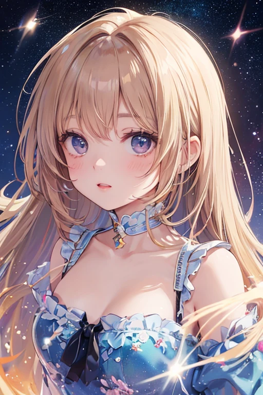 masterpiece, best quality, {{an extremely delicate and beautiful, best quality, masterpiece, extremely detailed CG, {{high quality}},perfect face, {{{space}}}, starry sky,{star},1girl,ray tracing,extremly detailed CG unity 8k wallpaper,dynamic angle,brown hair, long,hair,{{serafuku}},{{high school girl}},{{{see-through}}},{{{striped bra}}},{{{cleavage}}},{loli},medium breast,light_blush, smiling, star hair ornament,upper body,