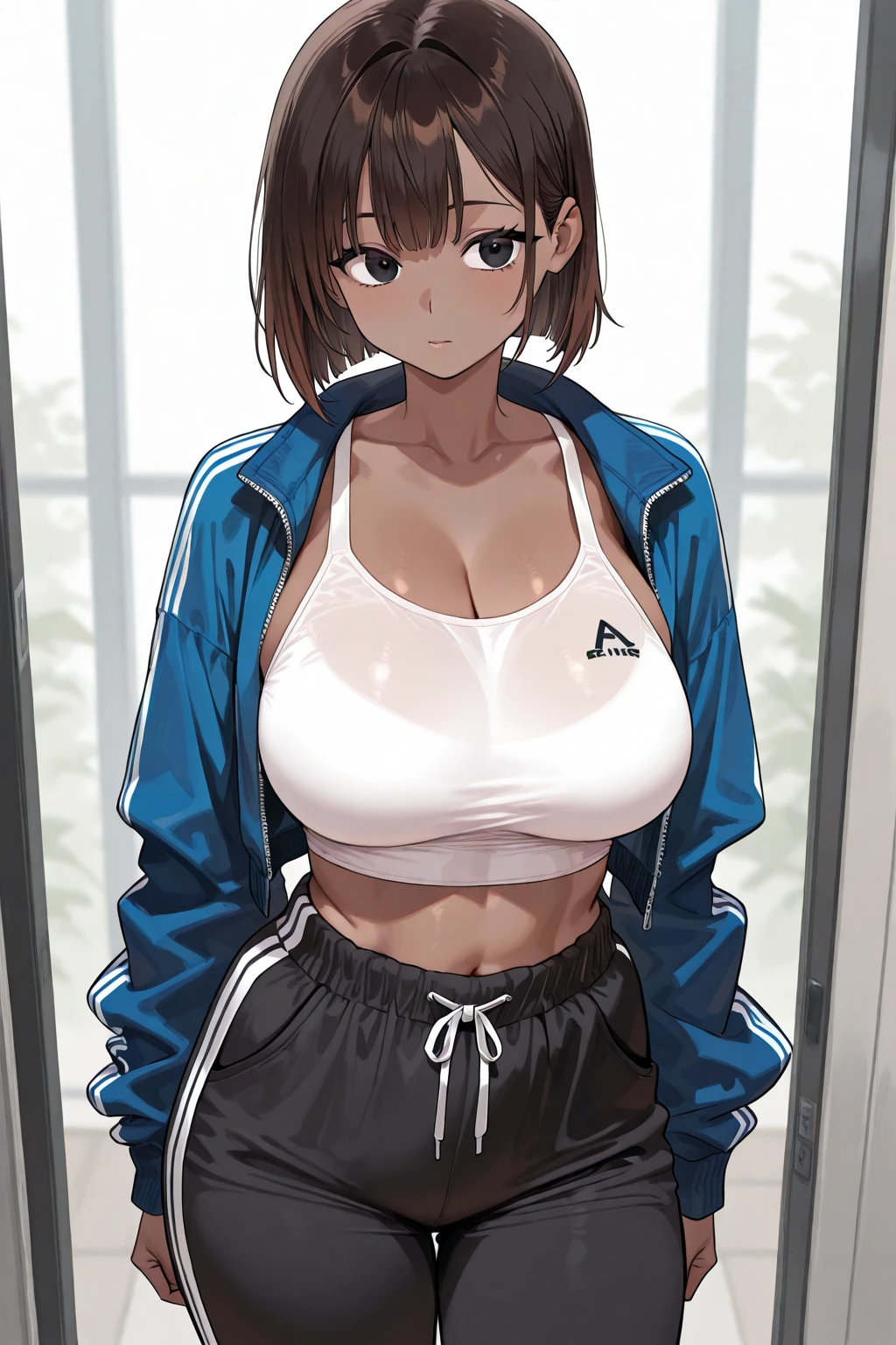 (((masterpiece))), Shizuka Mikazuki, 1 girl, alone, looking at the audience, short hair, brown hair, long sleeve, split, medium breasts, Keep your mouth shut, clavicle, Jacket, Open your clothes, open Jacket, blue Jacket, ground vehicle, Good at sports, bike,