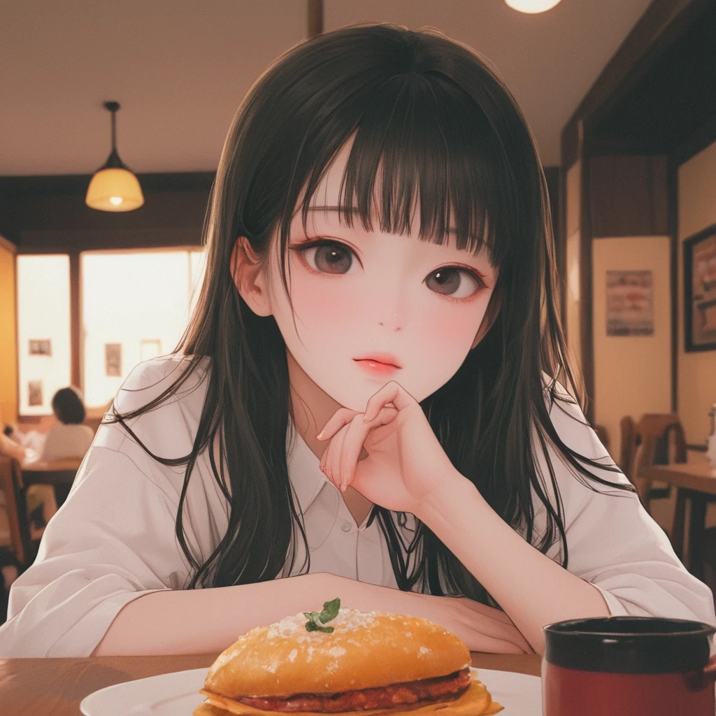 Robot girl woman with beautiful face sitting and eating mukbang .yummy . Lolita. Girl 18.