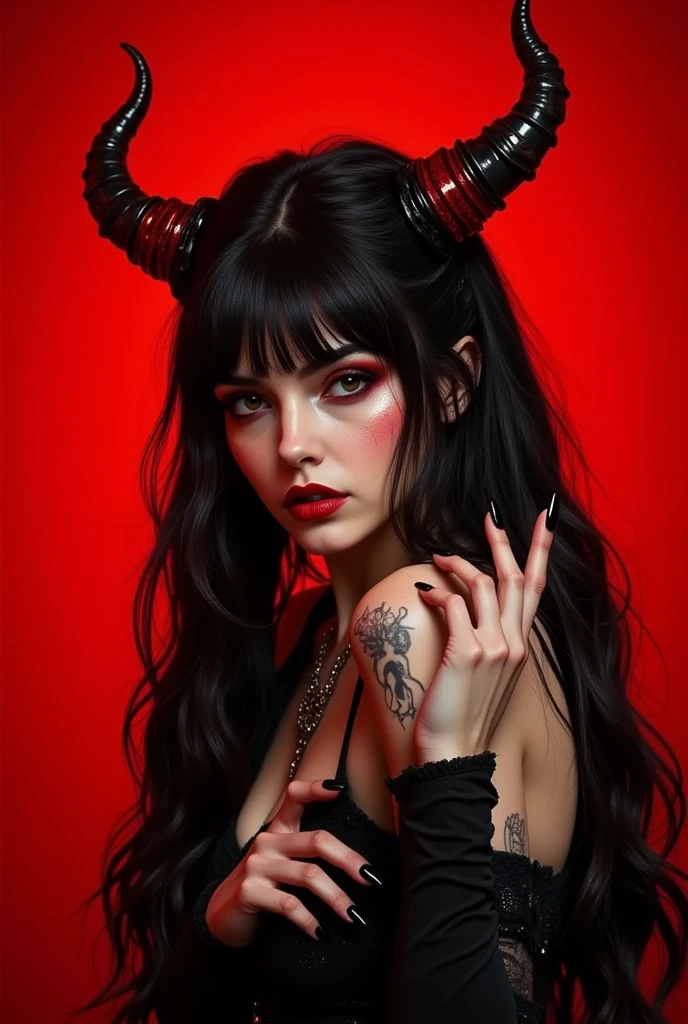 (((Masterpiece, best quality, HDR, realistic, hyper detailed, cinematic, perfect perspective, ray tracing, photo, realistic photography, seductive lighting, young girl, realistic girl))), (((beautiful devil girl, she has pale skin:1.2, she has two small devil horns, she has a tail))), seductive pose, (realistic perfect body, perfect face, perfect legs, perfect hands, perfect fingers, perfect eyes, dark hair with red ends), succubus, shes a teenager, young girl, beautiful young girl, two ponytails, small girl, teenage girl, dark hair, black hair, slim, skinny girl, black hair, beautiful young girl