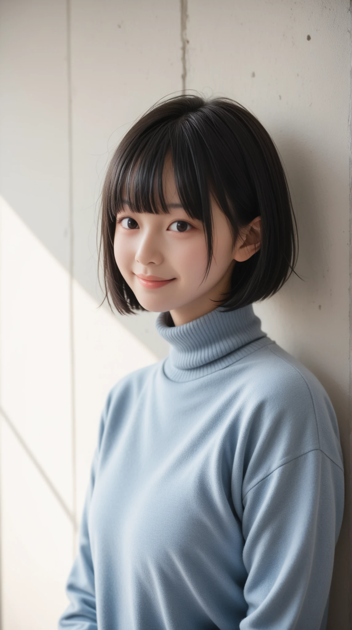 8K, ultra-realistic, highly detailed, photo-like, studio photography portrait. Perfect lighting, soft shadows, lifelike skin texture, shallow depth of field.
A Japanese high school girl with straight black hair in a blunt bob with straight bangs, smiling and wearing a navy turtleneck sweater. A chest-up portrait viewed from the front. The background is a plain white studio wall. She is fully clothed with no skin exposure.