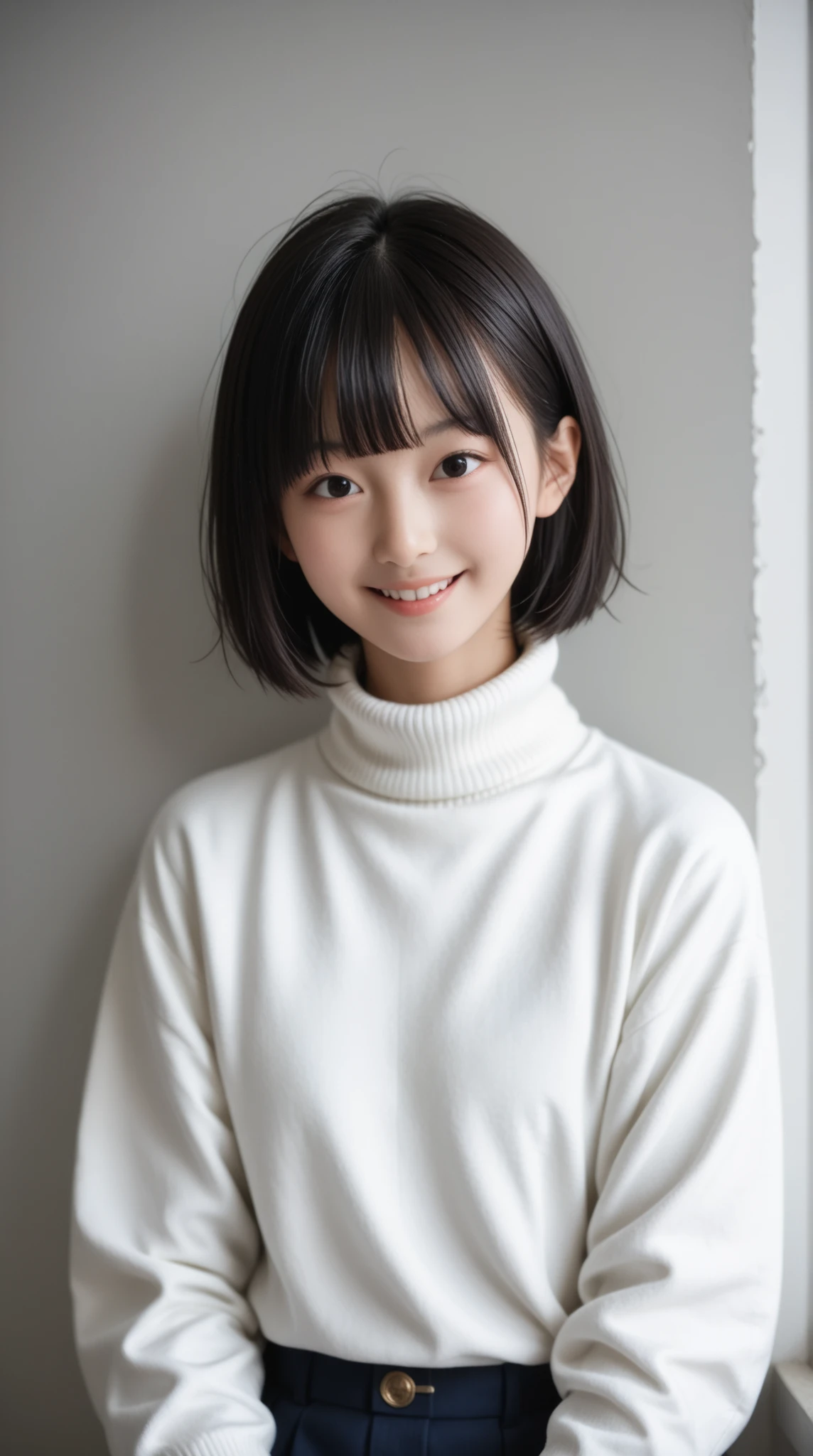 8K, ultra-realistic, highly detailed, photo-like, studio photography portrait. Perfect lighting, soft shadows, lifelike skin texture, shallow depth of field.
A Japanese high school girl with straight black hair in a blunt bob with straight bangs, smiling and wearing a navy turtleneck sweater. A chest-up portrait viewed from the front. The background is a plain white studio wall. She is fully clothed with no skin exposure.