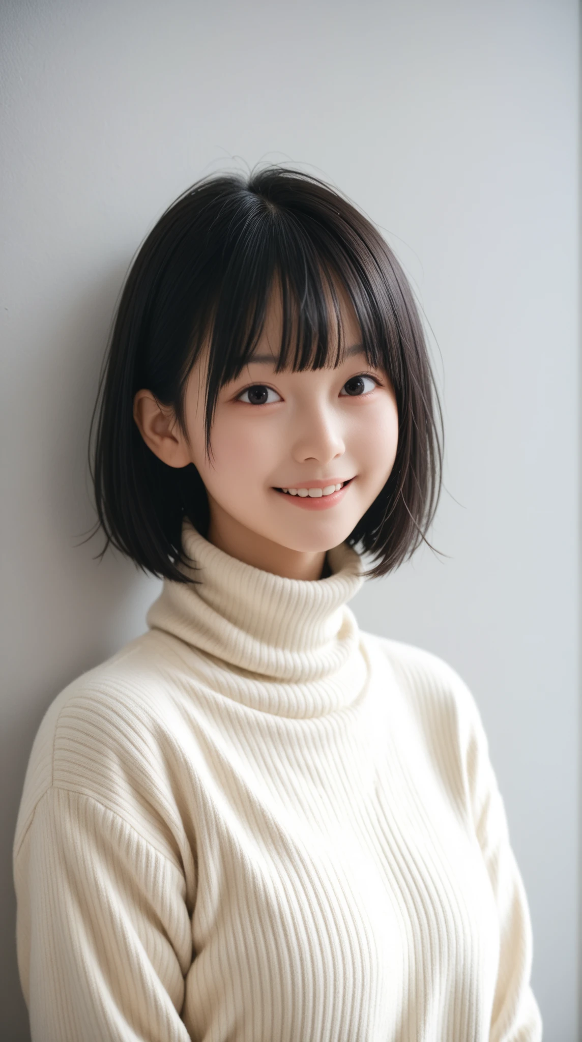 8K, ultra-realistic, highly detailed, photo-like, studio photography portrait. Perfect lighting, soft shadows, lifelike skin texture, shallow depth of field.
A Japanese high school girl with straight black hair in a blunt bob with straight bangs, smiling and wearing a navy turtleneck sweater. A chest-up portrait viewed from the front. The background is a plain white studio wall. She is fully clothed with no skin exposure.