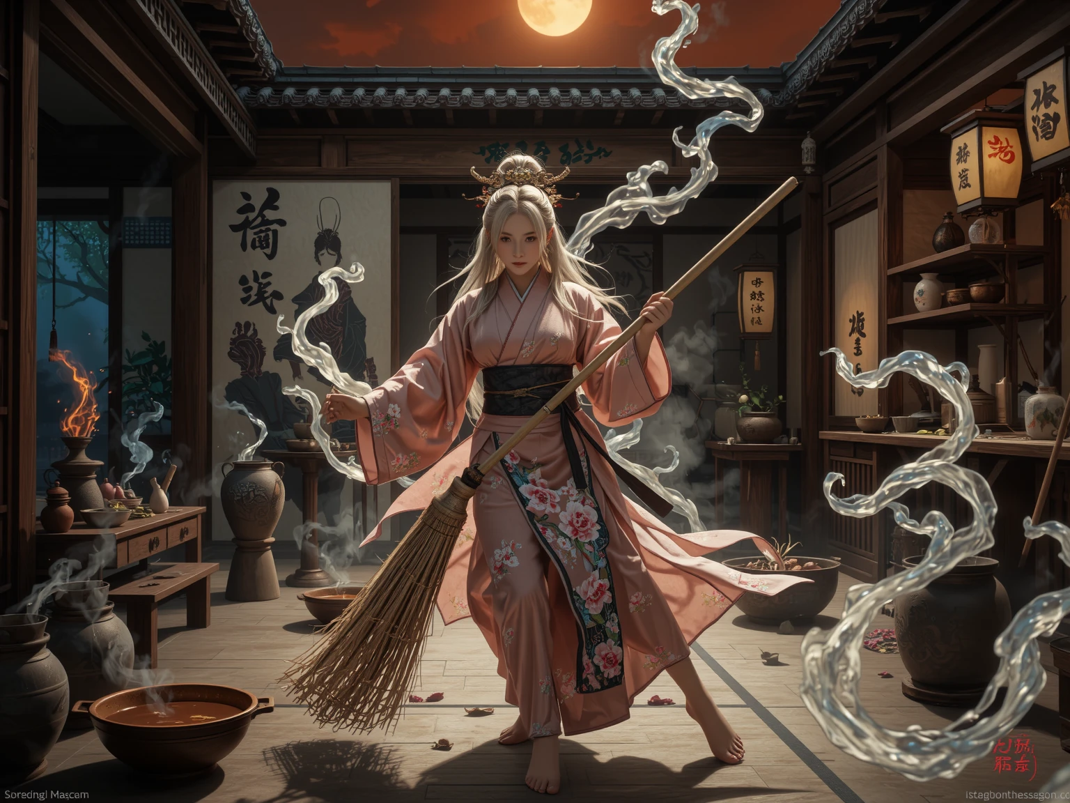 "In ancient Japan, under a blood-orange sky, the legendary 'Housework Queen' walks the tatami floors of her humble home-temple with the grace of a battle-hardened onna-bugeisha. Her kimono is patterned with plum blossoms and soap bubbles; her obi tightens like armor. In her hands she wields a long-handled mop, forged from bamboo and silk threads, blessed by shrine spirits to cleanse both dirt and misfortune. The kitchen is her dojo—pots steaming like mountain springs, knives moving with the precision of a master swordswoman. She tames demonic hunger with recipes passed down by priestesses and fends off shadowy filth-yokai that haunt the corners of forgotten rooms. Wisps of incense and soy broth curl through the air like protective sigils. Her presence is serene, her discipline absolute. Behind her, a paper sliding door opens to a moonlit garden—order reigns where once chaos dared dwell."