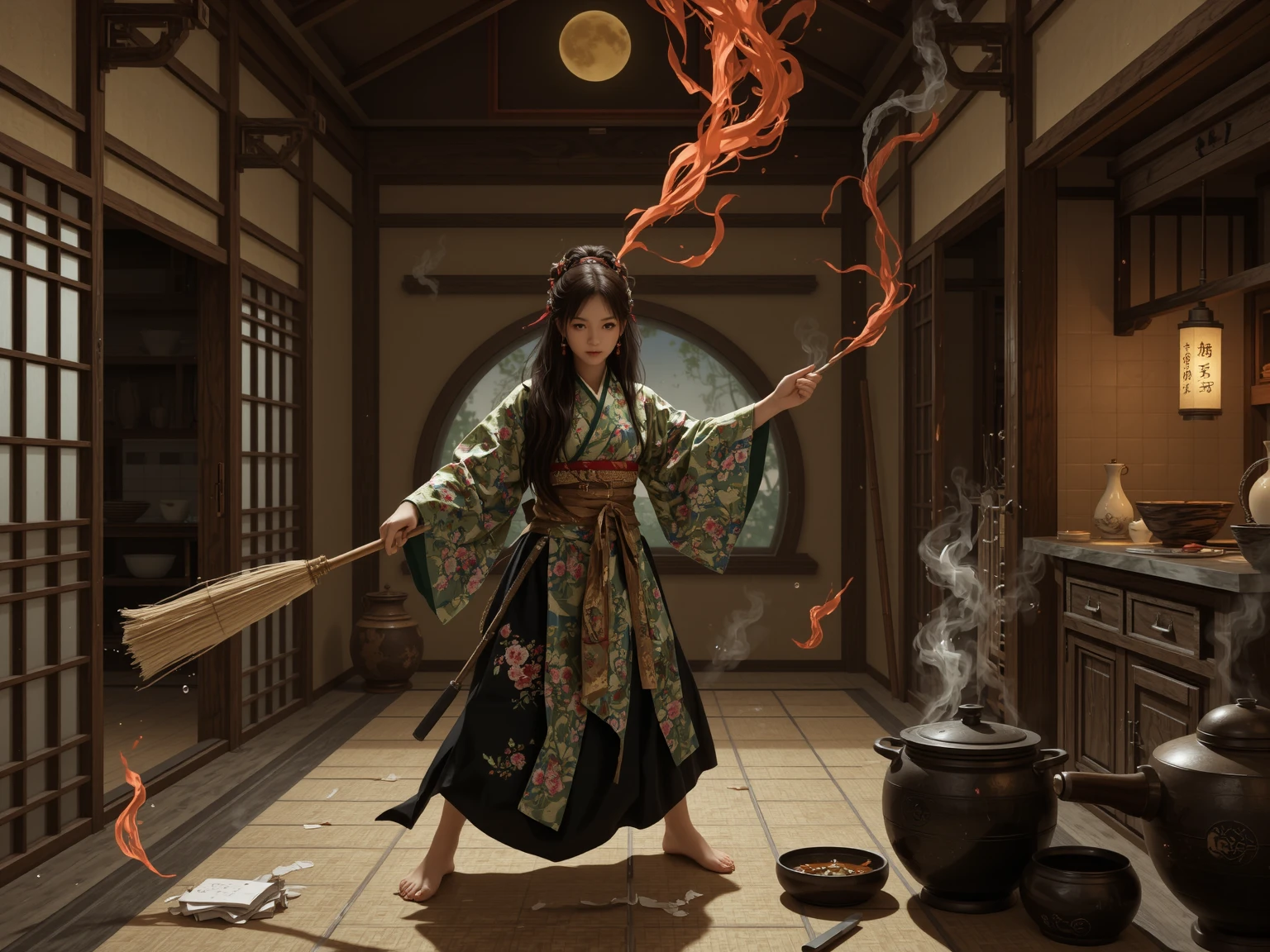 "In ancient Japan, under a blood-orange sky, the legendary 'Housework Queen' walks the tatami floors of her humble home-temple with the grace of a battle-hardened onna-bugeisha. Her kimono is patterned with plum blossoms and soap bubbles; her obi tightens like armor. In her hands she wields a long-handled mop, forged from bamboo and silk threads, blessed by shrine spirits to cleanse both dirt and misfortune. The kitchen is her dojo—pots steaming like mountain springs, knives moving with the precision of a master swordswoman. She tames demonic hunger with recipes passed down by priestesses and fends off shadowy filth-yokai that haunt the corners of forgotten rooms. Wisps of incense and soy broth curl through the air like protective sigils. Her presence is serene, her discipline absolute. Behind her, a paper sliding door opens to a moonlit garden—order reigns where once chaos dared dwell."