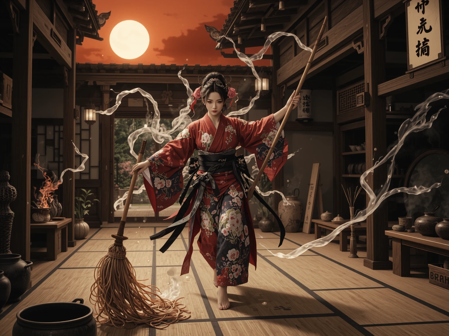 "In ancient Japan, under a blood-orange sky, the legendary 'Housework Queen' walks the tatami floors of her humble home-temple with the grace of a battle-hardened onna-bugeisha. Her kimono is patterned with plum blossoms and soap bubbles; her obi tightens like armor. In her hands she wields a long-handled mop, forged from bamboo and silk threads, blessed by shrine spirits to cleanse both dirt and misfortune. The kitchen is her dojo—pots steaming like mountain springs, knives moving with the precision of a master swordswoman. She tames demonic hunger with recipes passed down by priestesses and fends off shadowy filth-yokai that haunt the corners of forgotten rooms. Wisps of incense and soy broth curl through the air like protective sigils. Her presence is serene, her discipline absolute. Behind her, a paper sliding door opens to a moonlit garden—order reigns where once chaos dared dwell."