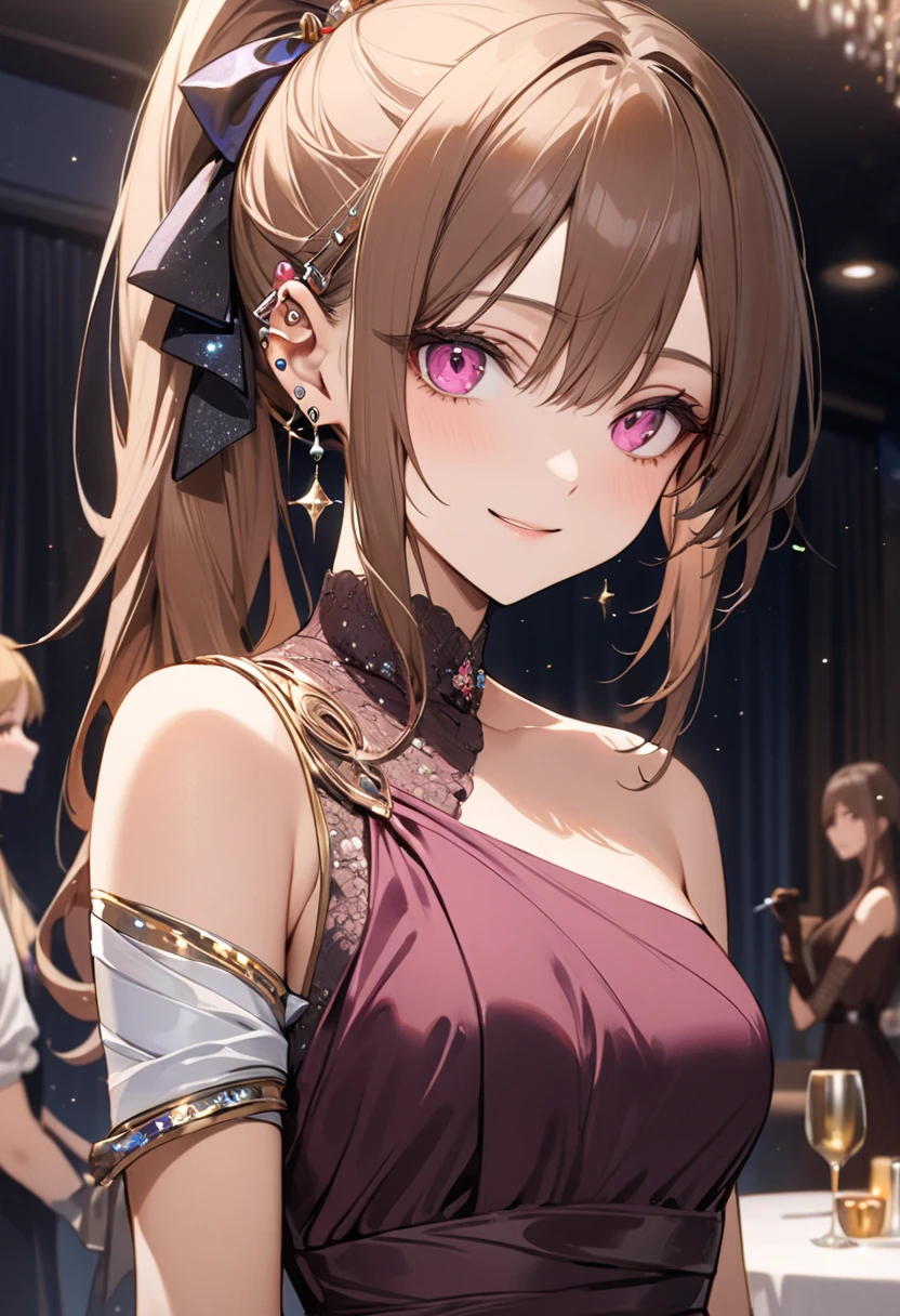 (masterpiece, highest quality, High resolution, Very detailed, 8k, 4K), Art Book, Anime Coloring, CG, figure , Fantasy, Muksuskus ,One girl, alone, Earrings, choker, There is a large decorative circular pattern in the background, smile, Make your viewers happy, firework, performer, night, Outdoor, (Dutch Angle), close, Face Focus, Upper Body, yoimiya (Genshin Impact)