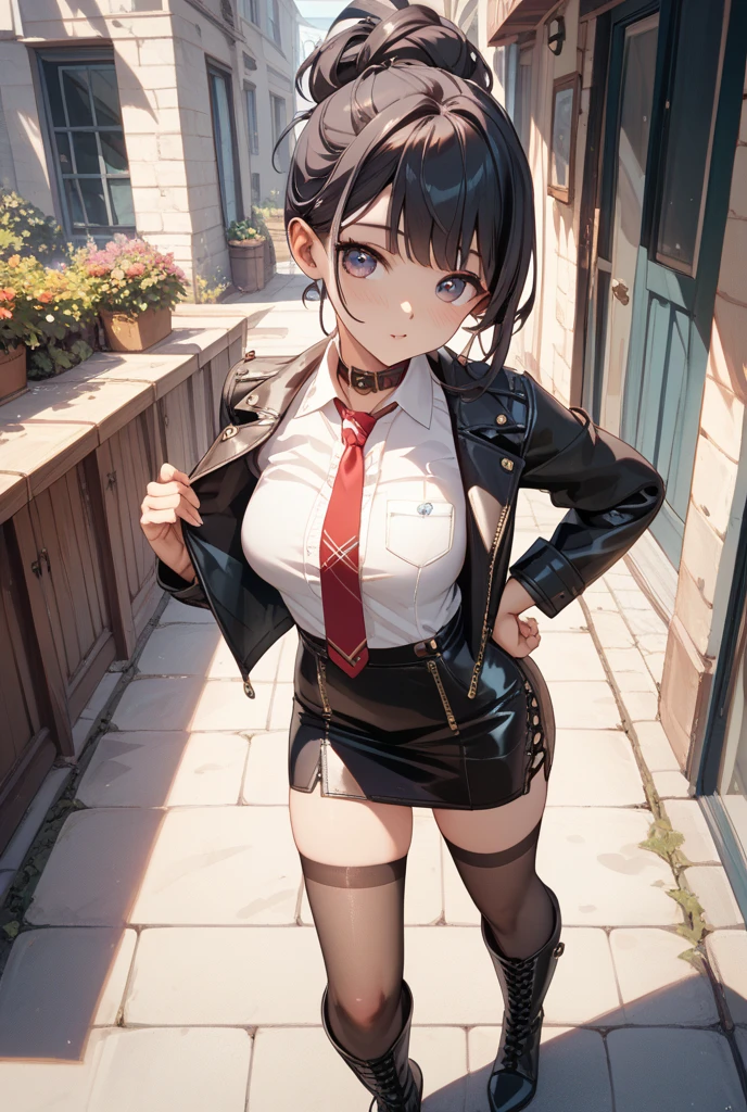 (masterpiece, best quality), 1girl, black hair, short hair, bangs, slim, (wide hips, thick thighs), looking at viewer, bound arms, arms behind back, bondage, ropes, (dress shirt, tie, pencil skirt), (masterpiece), (best quality:1.2), absurdres, intricate details