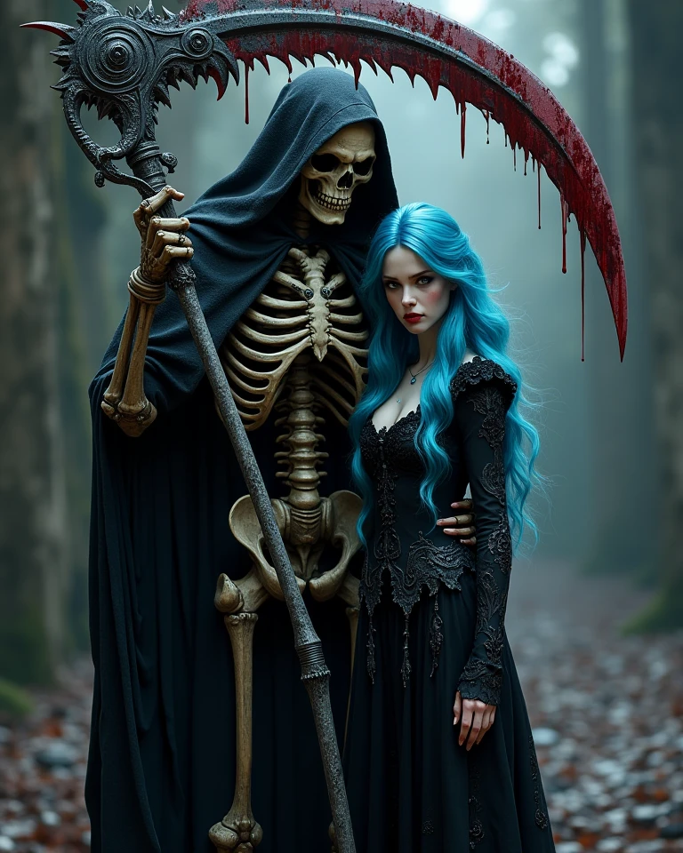 Man Wearing Skeleton Mask, Commander outfit, war, with beautiful woman, ghost woman, pretty woman , goth outfit, woman with blue skin