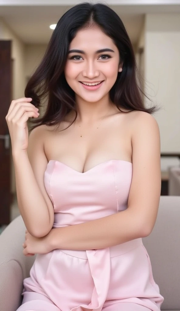 Perfect Beautiful Girl , Baby Face , She is Indonesian , White Skin , Brown Eye , Cleavage , Large Rounded Colossal Breast , Pink Lingerie , Pink Garter Belt , 18 Years Old , Girly , Medium Hair , HDR , Extreme Detailed , Headband , Look at Viewer , Highly Resolution , Garden Outdoor