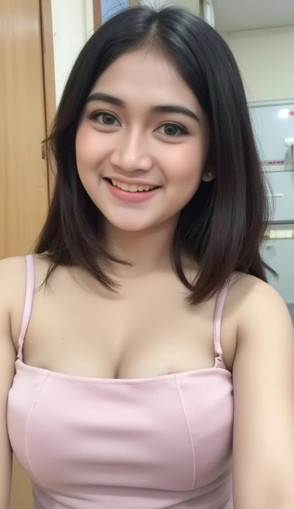 Cute Arabian girl in wearing patung dress with seducing pose, big smile, laughing, happy, big front teeth, bustling nighttime city, huge breast, thick thighs bright lighting, big round ass, cute face, slim abs, 35mm lens, Extreme close-up, pastel color grading, depth of field cinematography effect, romantic film genre, 8k resolution, high quality, ultra detail,