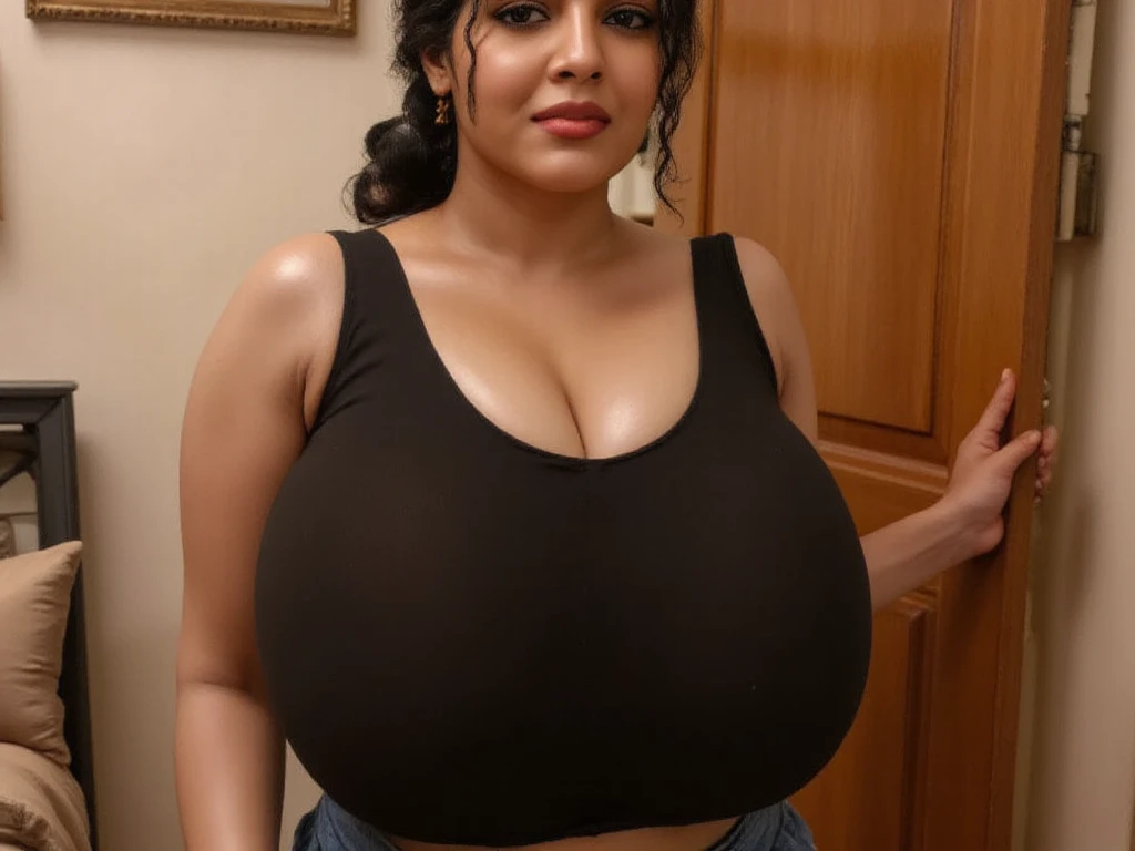 A woman round neck blouse and saree, round face, angle face, beautiful face,good figure,big cheeks, curvy,, swooping breasts, open arms, sexy armpits,big penis, nipples, ass, necklace, (cinematic:1.3), intricate details, (ArtStation:1.2)