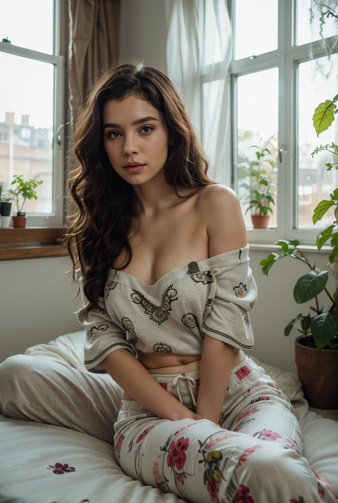 (photorealism:1.2), beautiful woman, sitting on bed, wearing loose off-shoulder top, pajama lowered pants, long curly hair, indoors, soft lighting, plants in background, window with sunlight, cozy room, relaxed pose, realistic, intricate details, warm colors, by Greg Rutkowski, by Alphonse Mucha