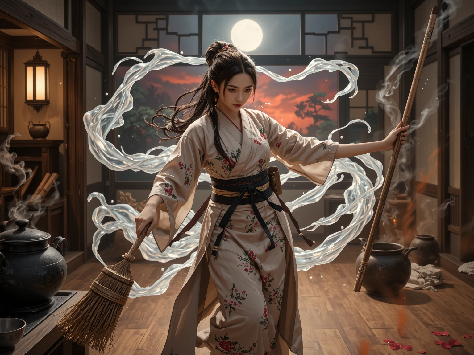 "In ancient Japan, under a blood-orange sky, the legendary 'Housework Queen' walks the tatami floors of her humble home-temple with the grace of a battle-hardened onna-bugeisha. Her kimono is patterned with plum blossoms and soap bubbles; her obi tightens like armor. In her hands she wields a long-handled mop, forged from bamboo and silk threads, blessed by shrine spirits to cleanse both dirt and misfortune. The kitchen is her dojo—pots steaming like mountain springs, knives moving with the precision of a master swordswoman. She tames demonic hunger with recipes passed down by priestesses and fends off shadowy filth-yokai that haunt the corners of forgotten rooms. Wisps of incense and soy broth curl through the air like protective sigils. Her presence is serene, her discipline absolute. Behind her, a paper sliding door opens to a moonlit garden—order reigns where once chaos dared dwell."
