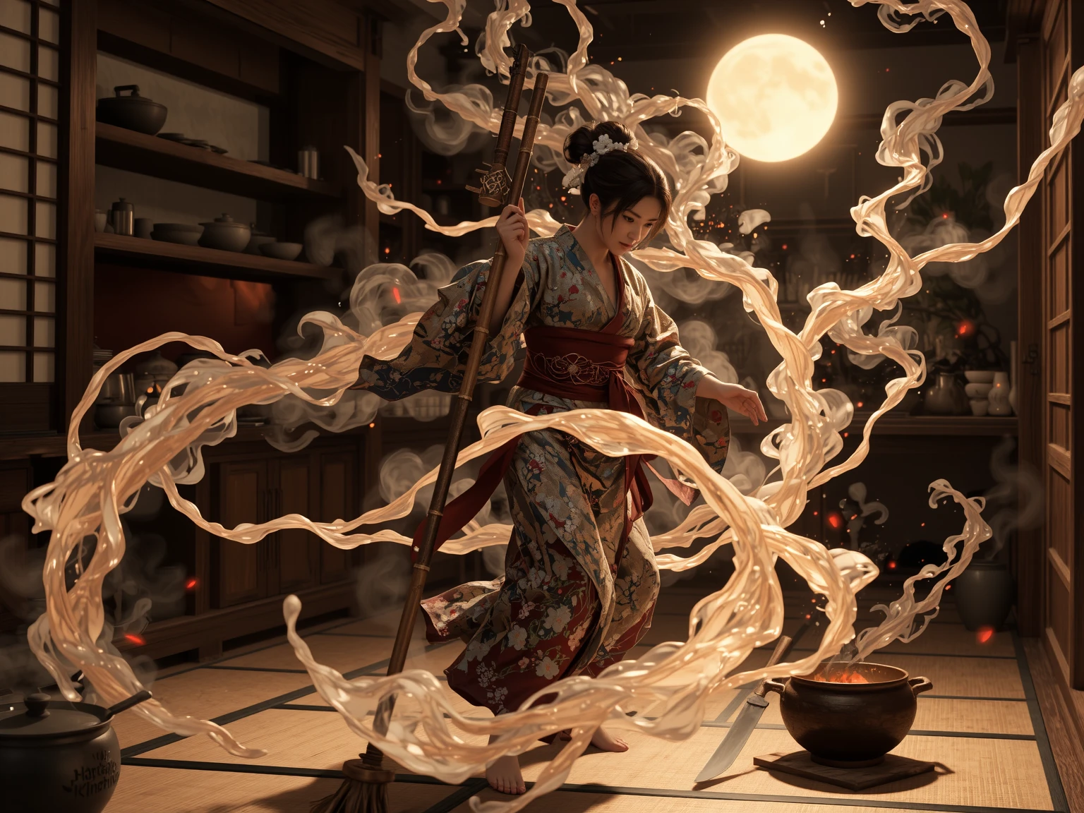 "In ancient Japan, under a blood-orange sky, the legendary 'Housework Queen' walks the tatami floors of her humble home-temple with the grace of a battle-hardened onna-bugeisha. Her kimono is patterned with plum blossoms and soap bubbles; her obi tightens like armor. In her hands she wields a long-handled mop, forged from bamboo and silk threads, blessed by shrine spirits to cleanse both dirt and misfortune. The kitchen is her dojo—pots steaming like mountain springs, knives moving with the precision of a master swordswoman. She tames demonic hunger with recipes passed down by priestesses and fends off shadowy filth-yokai that haunt the corners of forgotten rooms. Wisps of incense and soy broth curl through the air like protective sigils. Her presence is serene, her discipline absolute. Behind her, a paper sliding door opens to a moonlit garden—order reigns where once chaos dared dwell."