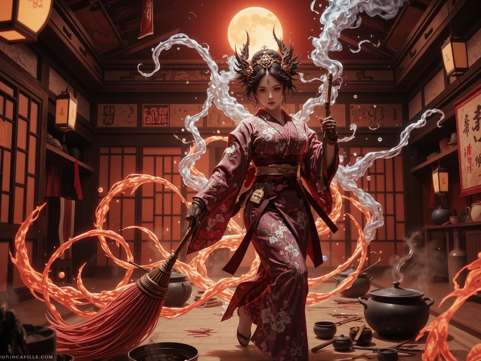 "In ancient Japan, under a blood-orange sky, the legendary 'Housework Queen' walks the tatami floors of her humble home-temple with the grace of a battle-hardened onna-bugeisha. Her kimono is patterned with plum blossoms and soap bubbles; her obi tightens like armor. In her hands she wields a long-handled mop, forged from bamboo and silk threads, blessed by shrine spirits to cleanse both dirt and misfortune. The kitchen is her dojo—pots steaming like mountain springs, knives moving with the precision of a master swordswoman. She tames demonic hunger with recipes passed down by priestesses and fends off shadowy filth-yokai that haunt the corners of forgotten rooms. Wisps of incense and soy broth curl through the air like protective sigils. Her presence is serene, her discipline absolute. Behind her, a paper sliding door opens to a moonlit garden—order reigns where once chaos dared dwell."