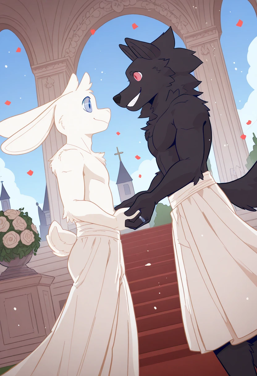One furry cub black cat is going to marry cat furry cub white cat boy, church, petal shower, the bride boy is bottomless but wears pure veil, naked boys love, kissing, the groom wears white bow tie, short-height mini couple, toddler boys, innocent boys, sacred, closed eyes, from worms’ point of view, lower angle
