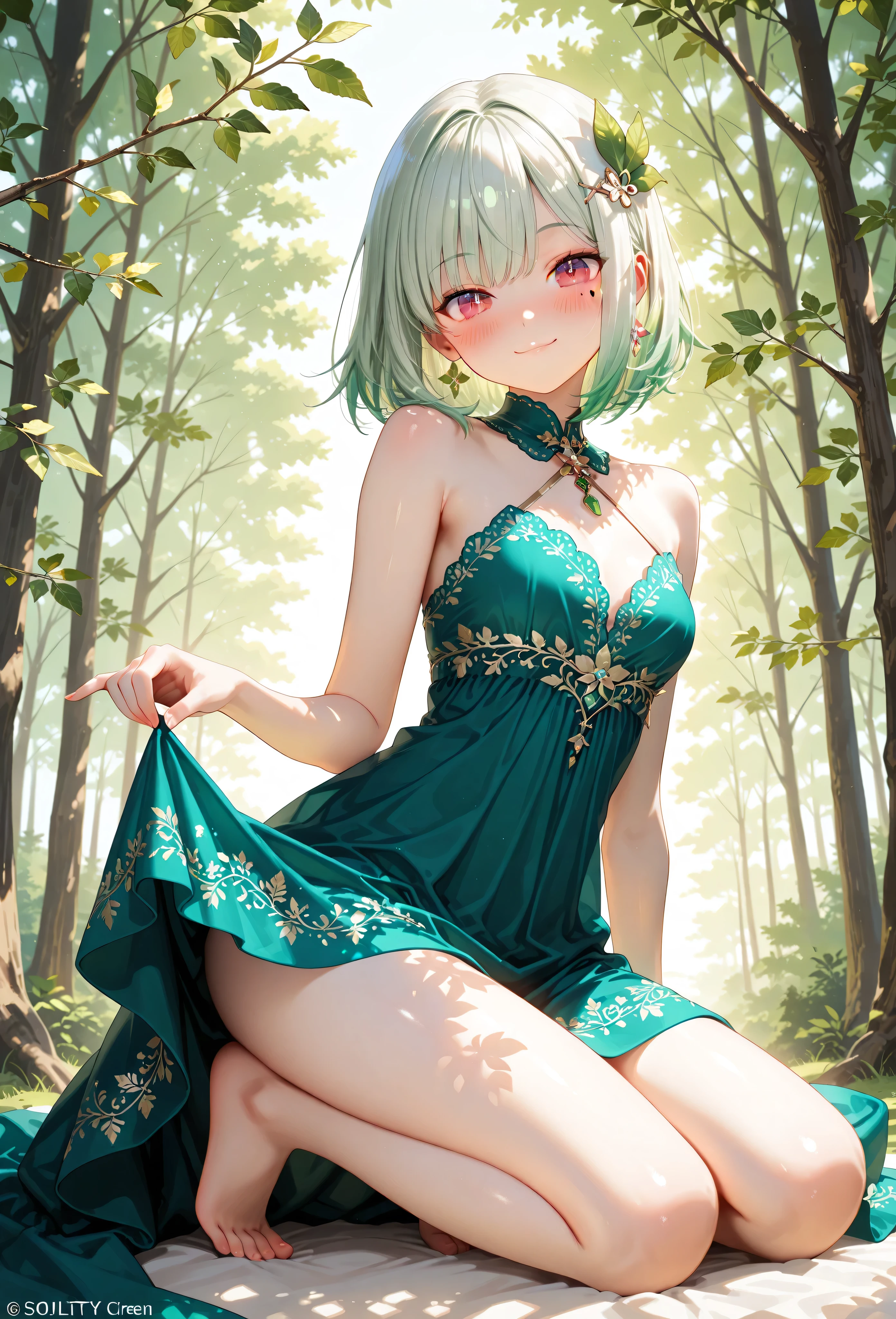 3DMM Style, (masutepiece, Best Quality), Intricate details, 1girl in, Solo, Green hair, flower hair clip, Green dress, Looking at Viewer、Full-body figure、simple background、Standing、（skirt rift）、（Skirt lift in high winds）、（Lace pantie）、((lace panties total))、Detailed lace panties、（I can see my panties）、((The pants are quite transparent))、((Through the pantiesｵﾏﾝｺ))、Very realistic body、（extremely lifelikeｵﾏﾝｺ）、  Papillae visible through clothes、（Camel toe through panties）（I can see panties）、Through the pantiesｵﾏﾝｺ、 Visible through the dress、((((Her nipples are sticking out of her dress.))))、、(((((Areolas are coming out of the dress)))))、(((((Nip slip)))))、Cameltoe、（ｵﾏﾝｺPanties that bite into）、（Panties are biting）、clear camel toe、Through the pantiesｵﾏﾝｺ、ｵﾏﾝｺI can see the line、Pubic hair of the same color as the hair、(((((I can see green pubic hair)))))、(((Lots of pubic hair)))、life-likeｵﾏﾝｺThe shape of the