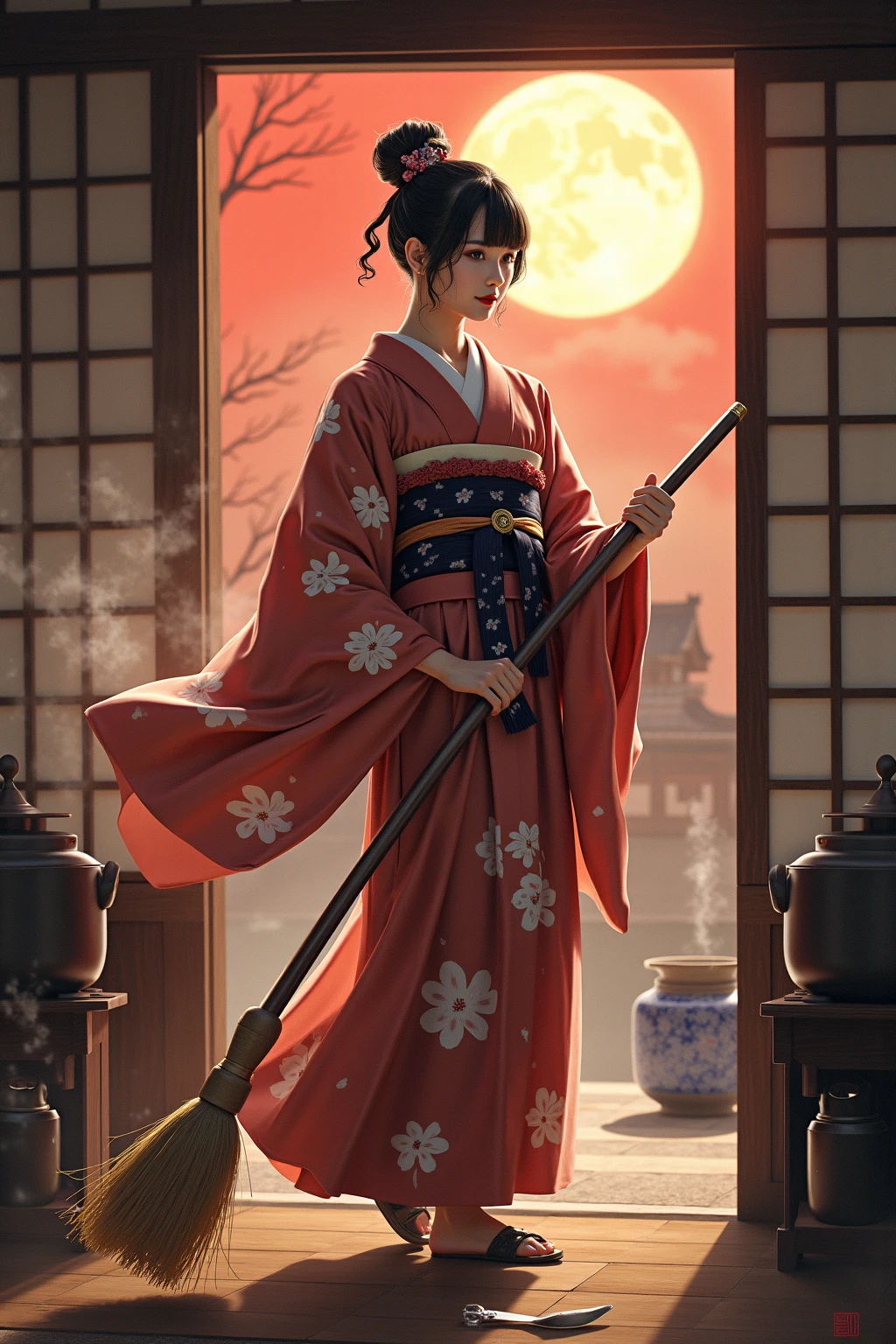 "In ancient Japan, under a blood-orange sky, the legendary 'Housework Queen' walks the tatami floors of her humble home-temple with the grace of a battle-hardened onna-bugeisha. Her kimono is patterned with plum blossoms and soap bubbles; her obi tightens like armor. In her hands she wields a long-handled mop, forged from bamboo and silk threads, blessed by shrine spirits to cleanse both dirt and misfortune. The kitchen is her dojo—pots steaming like mountain springs, knives moving with the precision of a master swordswoman. She tames demonic hunger with recipes passed down by priestesses and fends off shadowy filth-yokai that haunt the corners of forgotten rooms. Wisps of incense and soy broth curl through the air like protective sigils. Her presence is serene, her discipline absolute. Behind her, a paper sliding door opens to a moonlit garden—order reigns where once chaos dared dwell."
