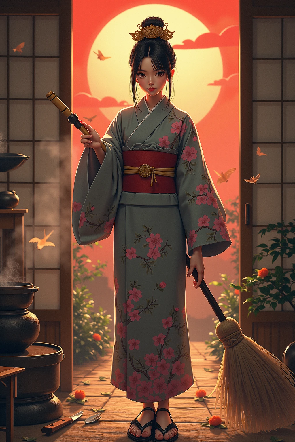 "In ancient Japan, under a blood-orange sky, the legendary 'Housework Queen' walks the tatami floors of her humble home-temple with the grace of a battle-hardened onna-bugeisha. Her kimono is patterned with plum blossoms and soap bubbles; her obi tightens like armor. In her hands she wields a long-handled mop, forged from bamboo and silk threads, blessed by shrine spirits to cleanse both dirt and misfortune. The kitchen is her dojo—pots steaming like mountain springs, knives moving with the precision of a master swordswoman. She tames demonic hunger with recipes passed down by priestesses and fends off shadowy filth-yokai that haunt the corners of forgotten rooms. Wisps of incense and soy broth curl through the air like protective sigils. Her presence is serene, her discipline absolute. Behind her, a paper sliding door opens to a moonlit garden—order reigns where once chaos dared dwell."