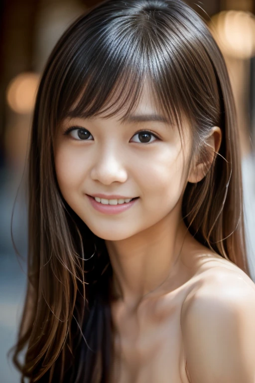 highest quality, High resolution, realistic pictures, detailed skin texture, Cute 10 year old Japan girls, view audience, slim body shape, charming gaze, Fair skin, baby face, (flat chest:1.2), long straight hair, (loli:1.2), smile showing teeth, in bed by the window, A short, see-through white camisole