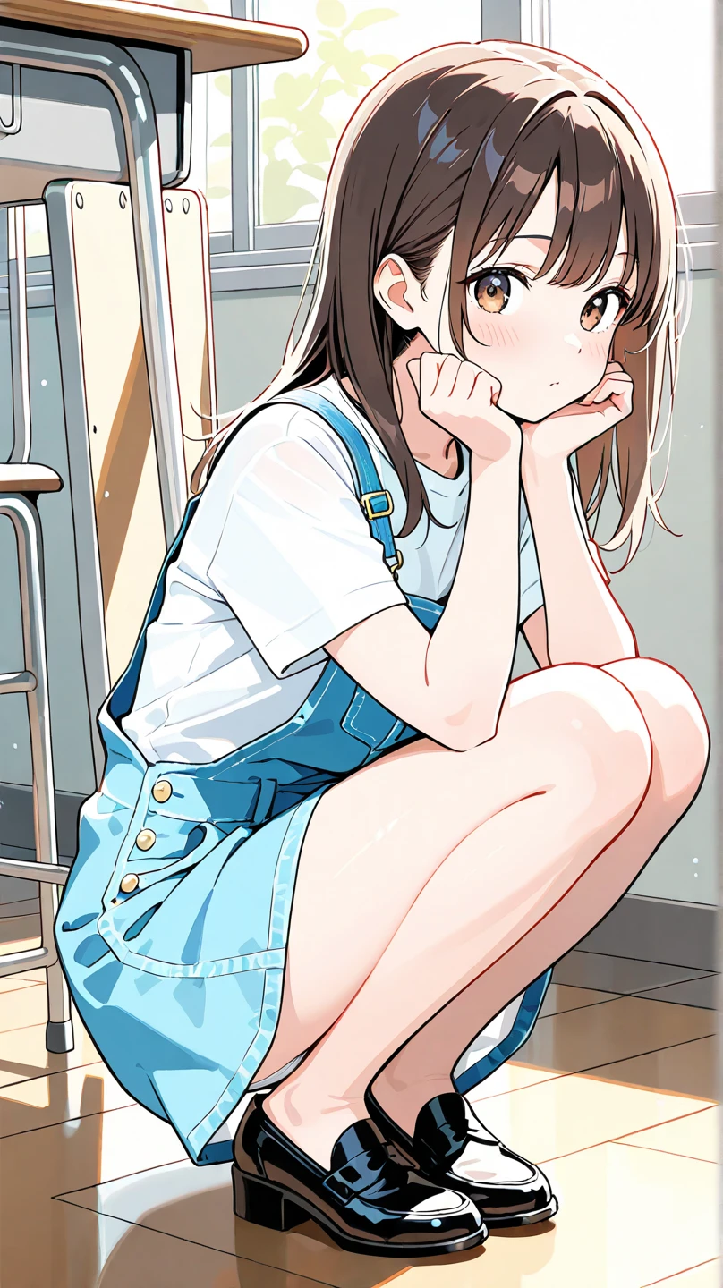 1girl, solo, long hair, breasts, looking at viewer, blush, smile, bangs, brown hair, shirt, brown eyes, yellow eyes, white shirt, short sleeves, sidelocks, thighs, shoes, grin, squatting, denim, sneakers, overalls, overall shorts