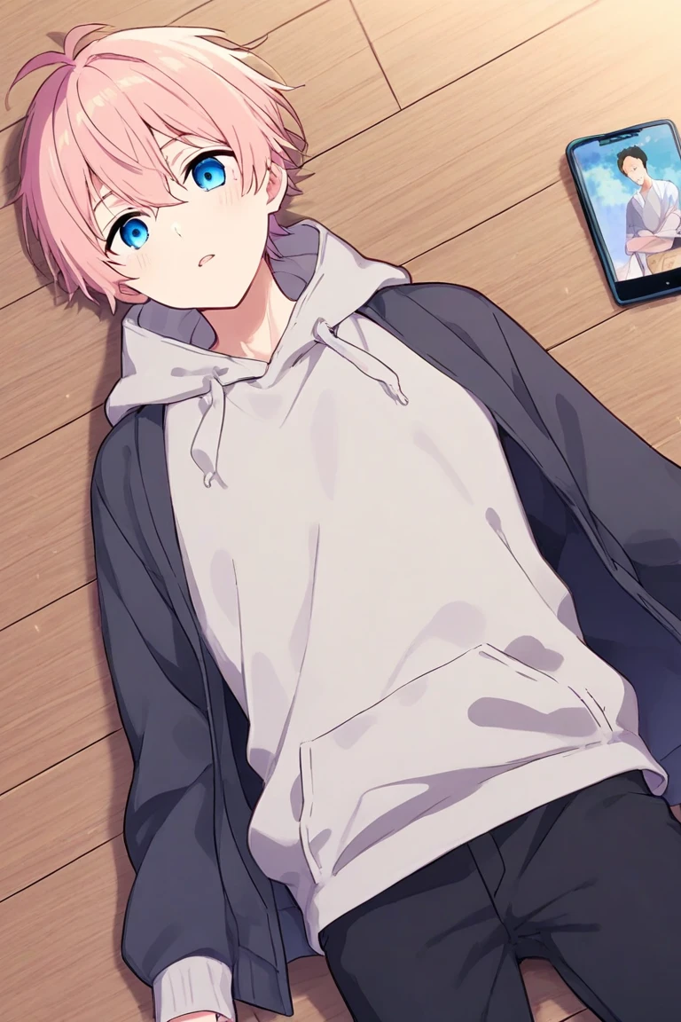 2boys , one boy laying down on stomach and the other on lay over him , toned, dark pink messy hair, wide extremely vibrant blue eyes, HD, masterpiece, vibrant, black shoes, slim dark blue hoodie, full body view, warm smile, bare feet , bedroom , on bed ,thighs appears  , ass appears