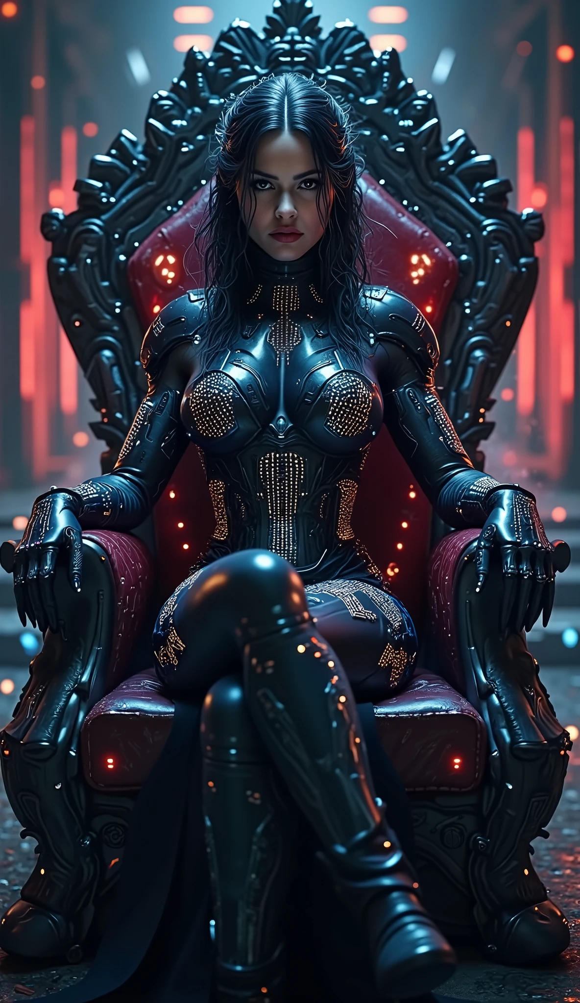 A Sensual Queen in a Technological Realm" An image of a cyberspace empress adorned in a futuristic regal outfit ruling a virtual kingdom. A cena se passa em um ambiente digitalmente imersivo, exalando um ar de autoridade, Power and seduction