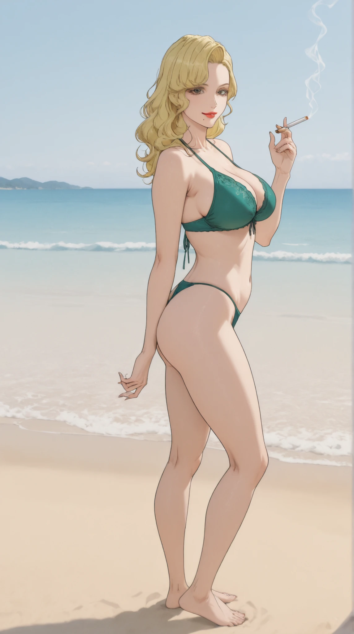 (masterpiece, highest quality:1.2), 1 girl, solo, 1 girl, Bianca, DQ5, illustration, anime style, long hair, blonde hair, single braid, blue eyes, smiling, green Bikini, beach, full body standing pose