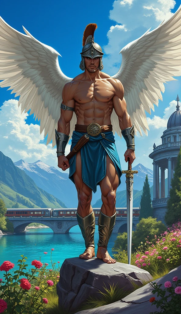 (nonsense, High resolution, very detailed, HDR), Masterpiece, best quality, A drawing of a boy, handsome man with red eyes, detailed face, professional photos, An Arav man enters the fight shirtless., Fight comfortably，legs open, (Swollen nipples(from below:1.1)), Focus on your audience,18 year old boy, handsome man, [ well defined body ]，abdomen，chest muscles，Big bulge，angel，wing，feather，cloud，cloud，