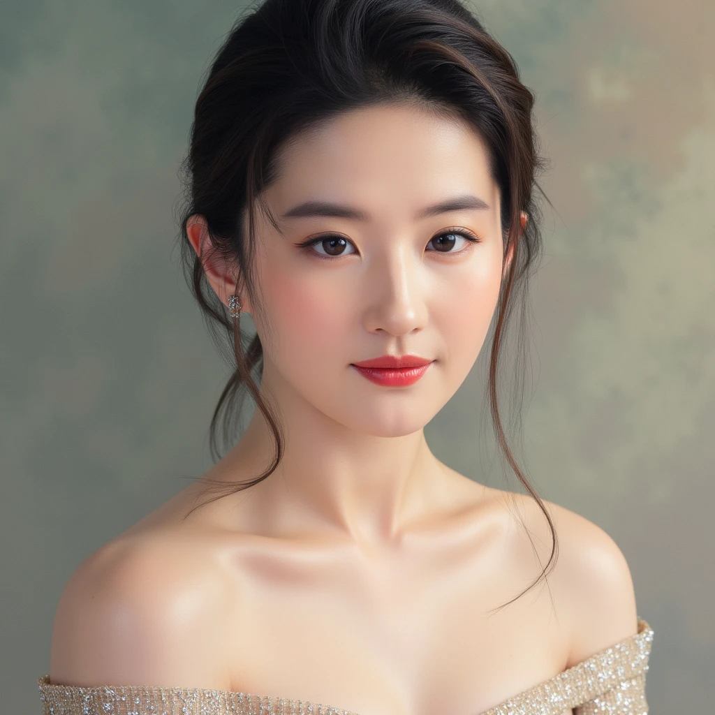 Black off-shoulder suit，Front view，Tyndall light effect，High resolution skin，Realistic skin texture，2 woman，Makeup is exquisite yet natural，Bright eyes，Perfect face，Devil figure，Satisfied expression，short hair，bust，Gray background。