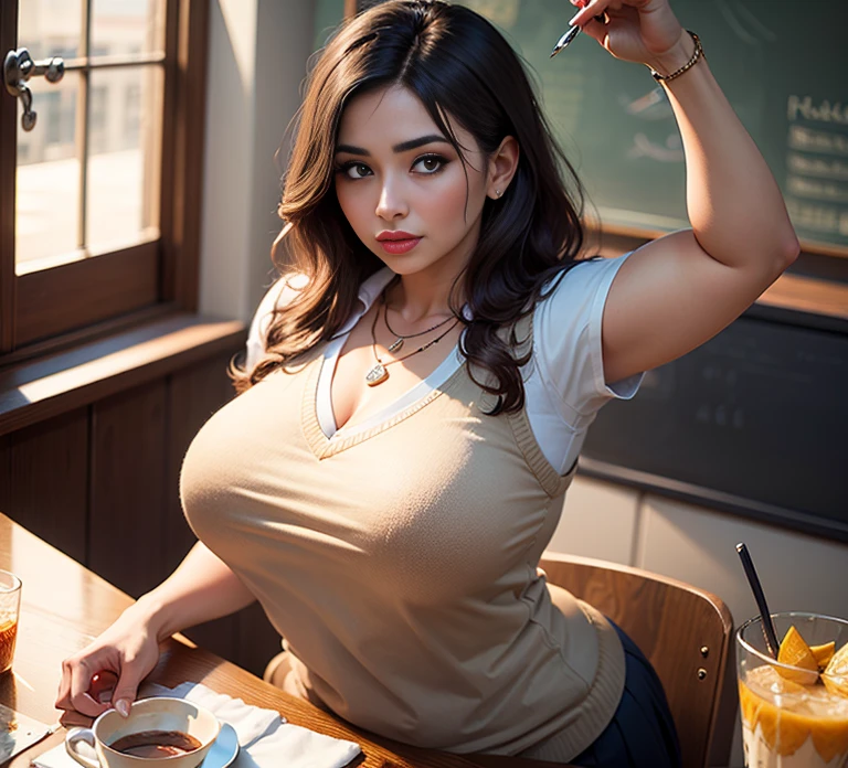 Best quality, masterpiece, ultra high res, barista, in a coffe shop, (photorealistic:1.4),  coffee shop, a beautiful woman, Starbucks,(( red shirt)), mini skirt, suitcase, cleavage, elegance pose, visible cameltoe, big breast, camel toe, pubic hair, curvy waist, slender abs, shiny white skin, smooth hair, seductive smile, bokeh, bottom view, open legs, focus on the pants