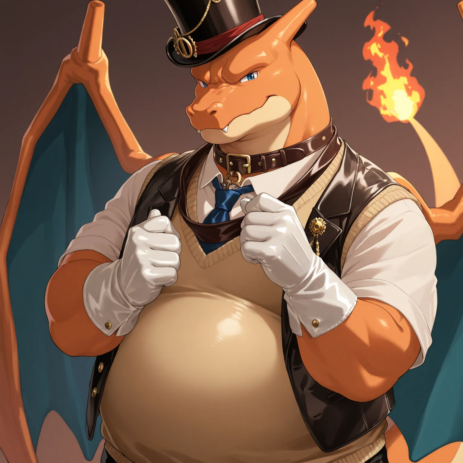 Solo, Male, fat, extremely obese, gentleman, dapper Professor Charizard, blue eyes, (posing:1.3), (soft shading), 4k, hi res, ((detailed face, detailed)), looking at viewer, mouth wide open, steampunk, collared shirt with buttons, top hat, male focus, Explorer Outfit, glasses, monocle, vest with buttons, sleeves rolled up, round eyewear, brown headwear, brown vest, Charizard is wearing a glossy leather dog collar around the neck, Charizard is wearing the leather collar and shirt and vest at the same time, Charizard is wearing glossy white rubber gloves on the hands, wearing white rubber gloves on the feet, gloves are rubber in texture, clenching teeth, clenching fists, leather collar is glossy and shiny with a lot of detail, Charizard is wearing gloves and leather collar at the same time, leather collar has a round dog-tag, leather collar is thick and detailed, leather collar is glossy and shiny, fancy clothing, dapper vest, dapper shirt, leather collar is thick.