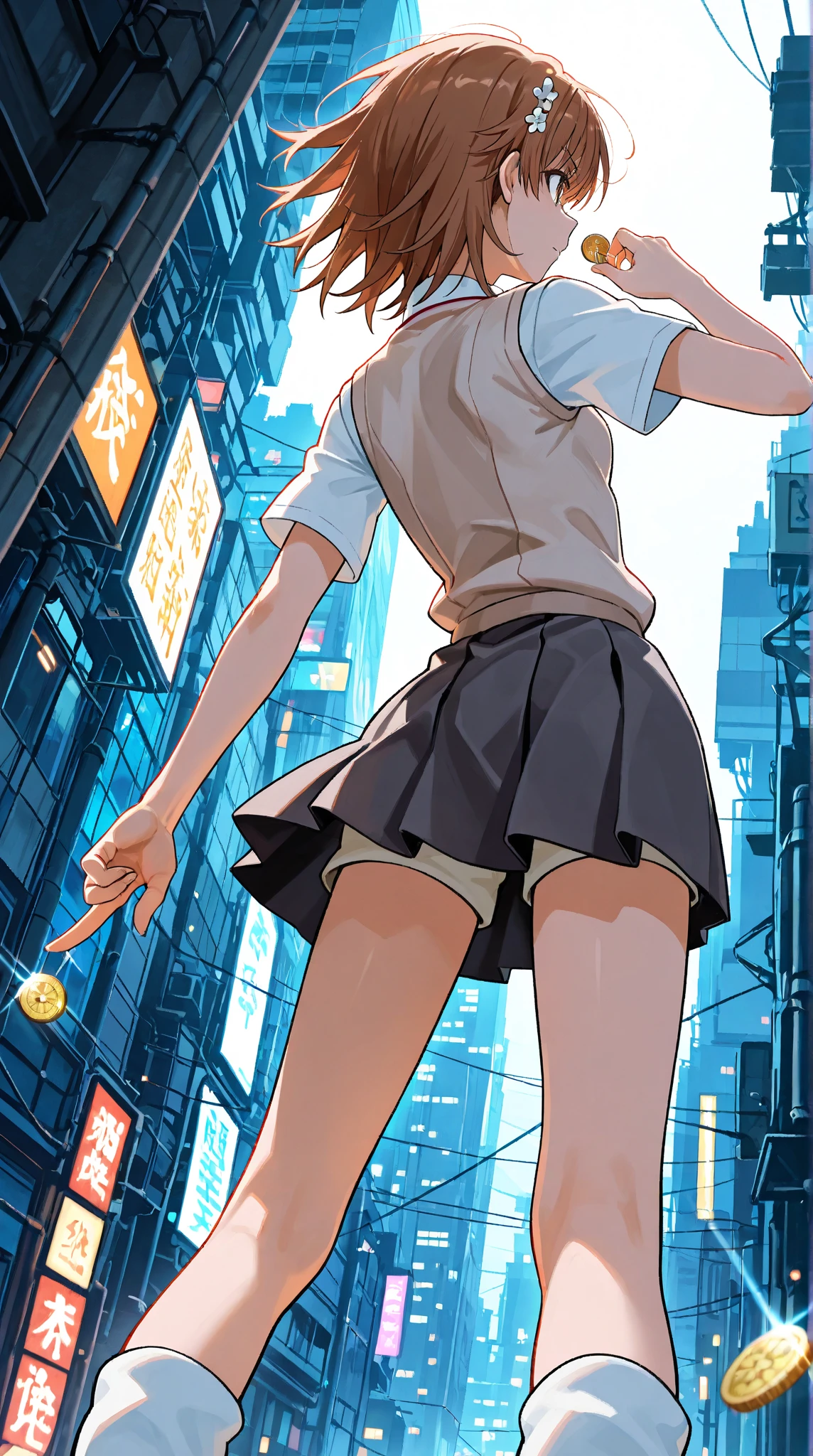extreme wide angle, Ground view，sole of a shoe,Sole pattern, standing on one leg, (from bottom,from below:1.25),full body,stepping, Cyberpunk City, Street, Night, neon light, neon sign, masterpiece, best quality, highres, JK,huge tit,1girl,black bow,black bowtie,blonde hair,bow,bowtie,breasts,hair bun,long hair,looking at viewer,pink hair,pleated skirt,shirt tucked in,short hair,skirt,smile,tented shirt