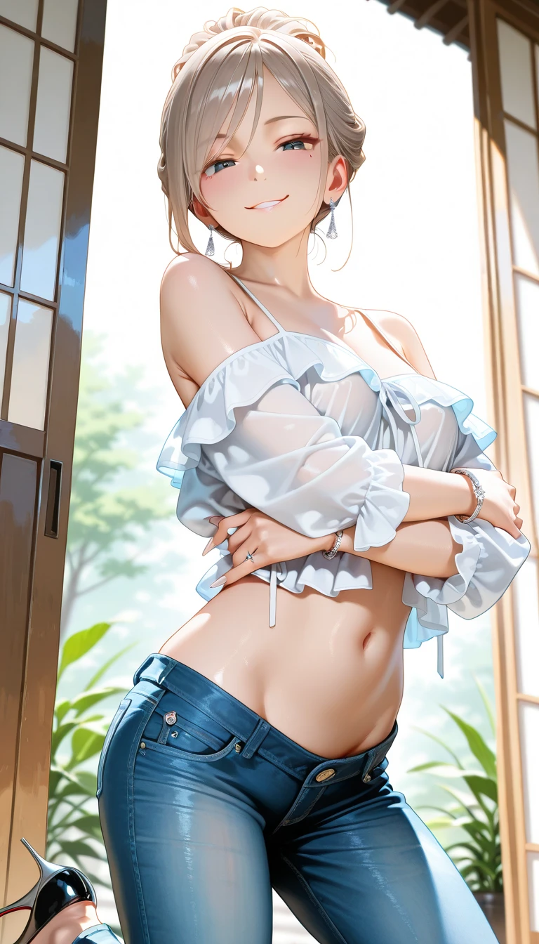there is a woman in a white shirt and panties sitting on the ground, seductive anime girl, painted in anime painter studio, made with anime painter studio, [ 4 k digital art ]!!, makoto shinkai and artgerm, revealing clothes, smooth anime cg art, fully clothed. painting of sexy, in white clothes, attractive anime girl, at pixiv