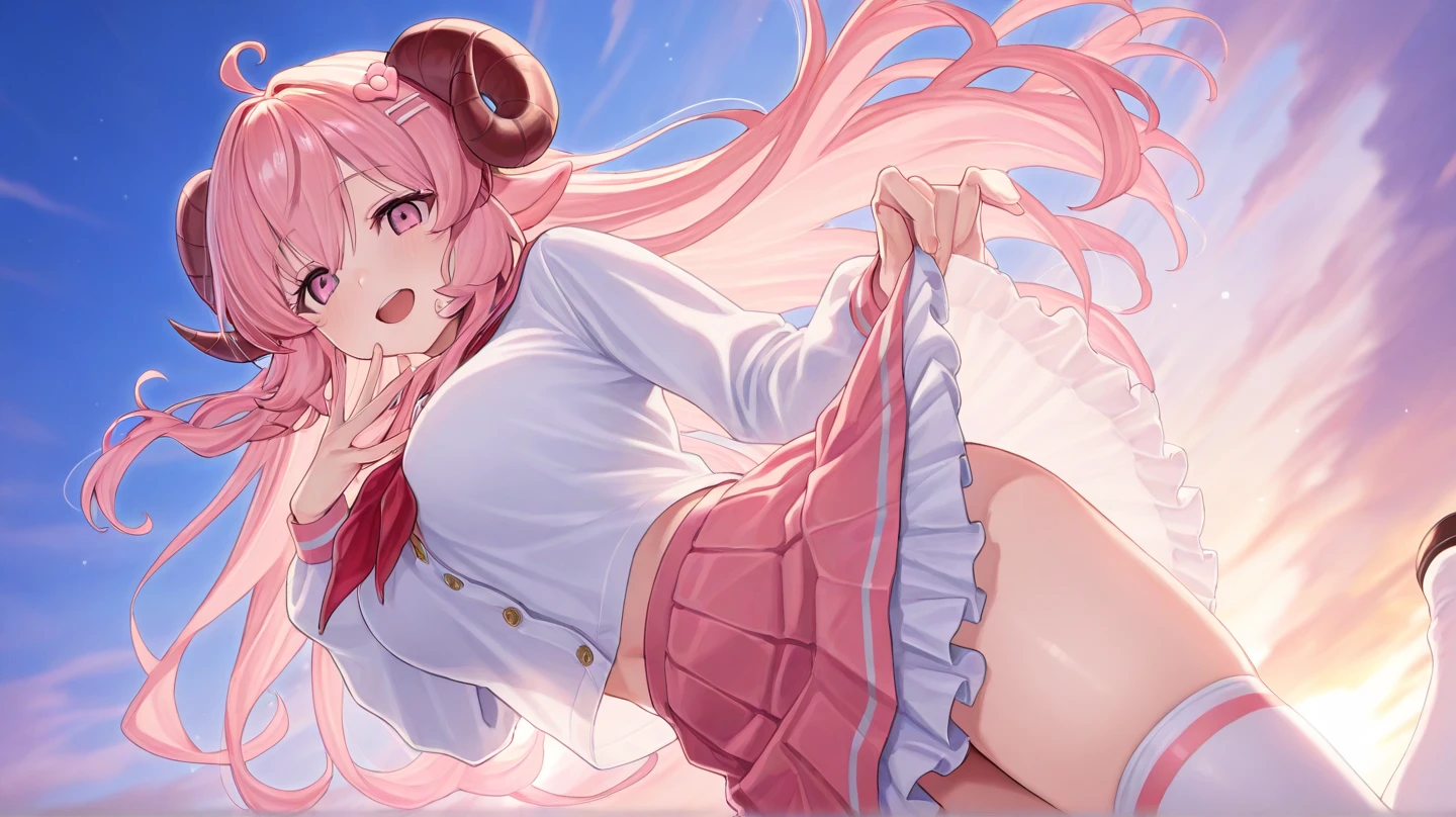 akari watanabe, long hair, solo, PERFECT ANATOMY,  pink hair, blue eyes, looking at viewer, round ass, thicc thighs, 1girl, sitting, tight hakama