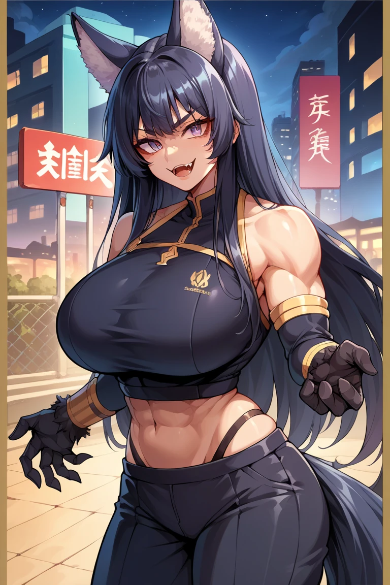 ((Realistic lighting, Best quality, 8K, Masterpiece: 1.3)), Focus: 1.2, 1girl, Perfect Body Beauty: 1.4, Slim Abs: 1.1, (Outdoor, Night: 1.1), City Street, beautiful Face, beautiful Eyes, Double Eyelids, Annerose, 1girl, female mature, black hair, long hair, yellow eyes, large breasts, bodysuit, higheels, shiny clothes, skin tight, hair intakes, covered breasts, sideboob, cleavage, (solo:1.4), intricate detail, (((hyperdetailed face, hyperdetailed eyes, hyperdetailed lips))), looking at viewer, (smile, happy), piece sign hand