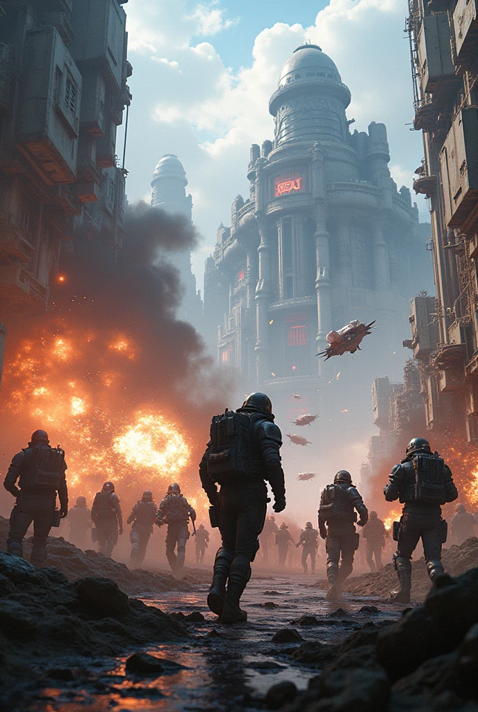 cyberpunk dystopian dark city during a military conflict, war, wasteland, destroyed buildings, dark cloudy weather, soldiers charging into battle