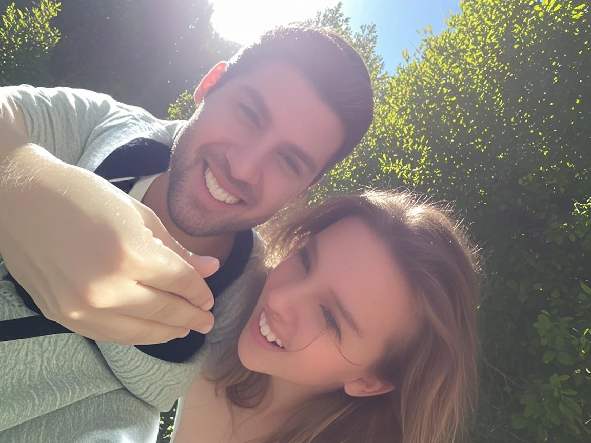 Man and woman taking selfie in forest, The picture is very, very low quality, forest in the background, couple portrait, against the backdrop of the forest, happy couple, Profile picture 1024px, Profile picture, photo on snapchat, filmed in early 2020s, Both smile at the camera, couple portrait, soft anime filter