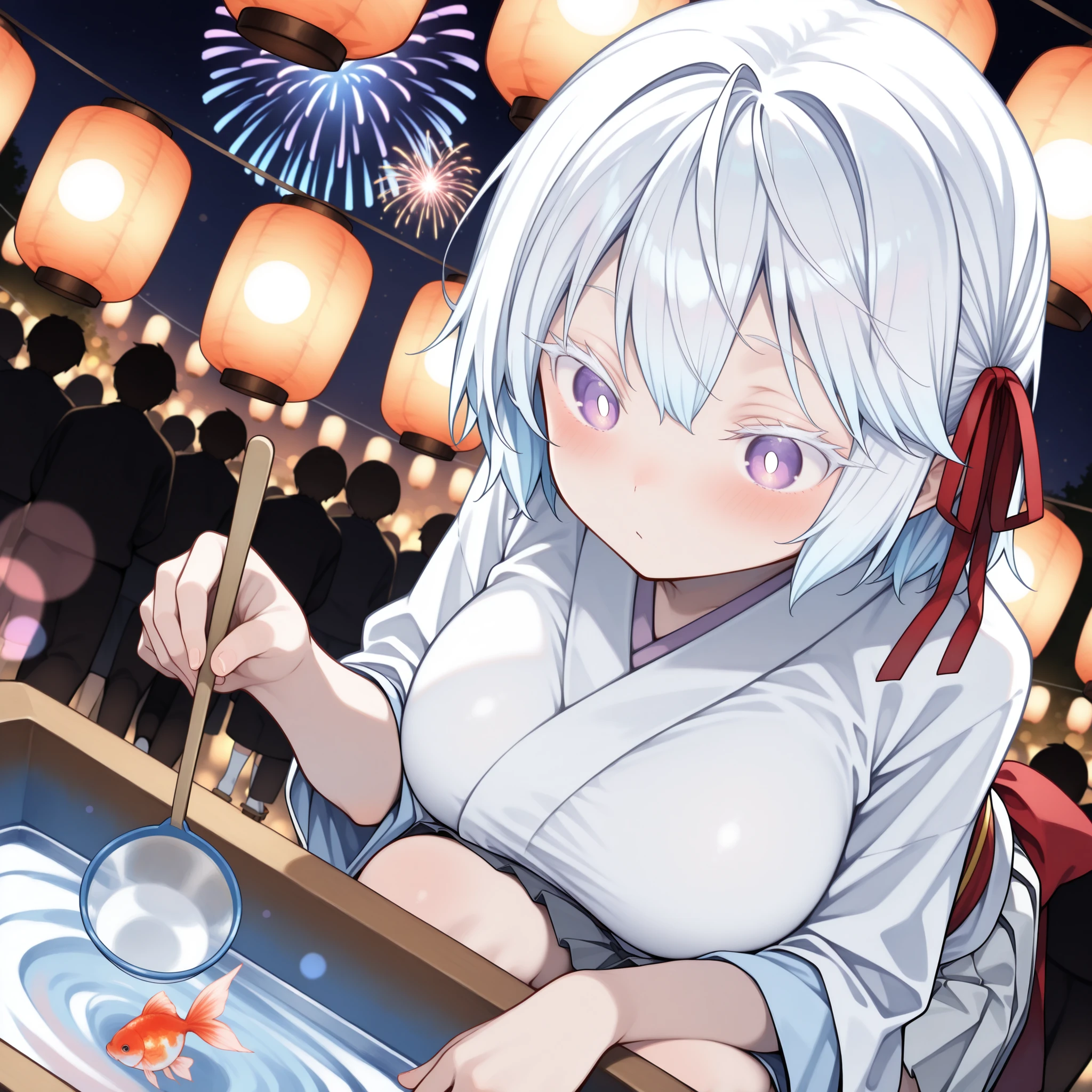 night festival, crowded summer festival, festival stalls, glowing lanterns, blurred crowd, fireworks in the distance, depth of field, bokeh, dutch angle, upper body, from above, (solo, 1girl, purple eyes, yuki onna, white hair, short hair, habitual hair, hair ribbon, red ribbon), large breasts, petite, short-sleeved red and white kimono, pleated skirt, ribbon sash, thigh-high white socks, geta sandals, crouching by a goldfish scooping stall, holding a paper scoop, leaning forward slightly, focused expression, cute face, (((white pupils))), ((white eyelashes, lower eyelashes)), blush