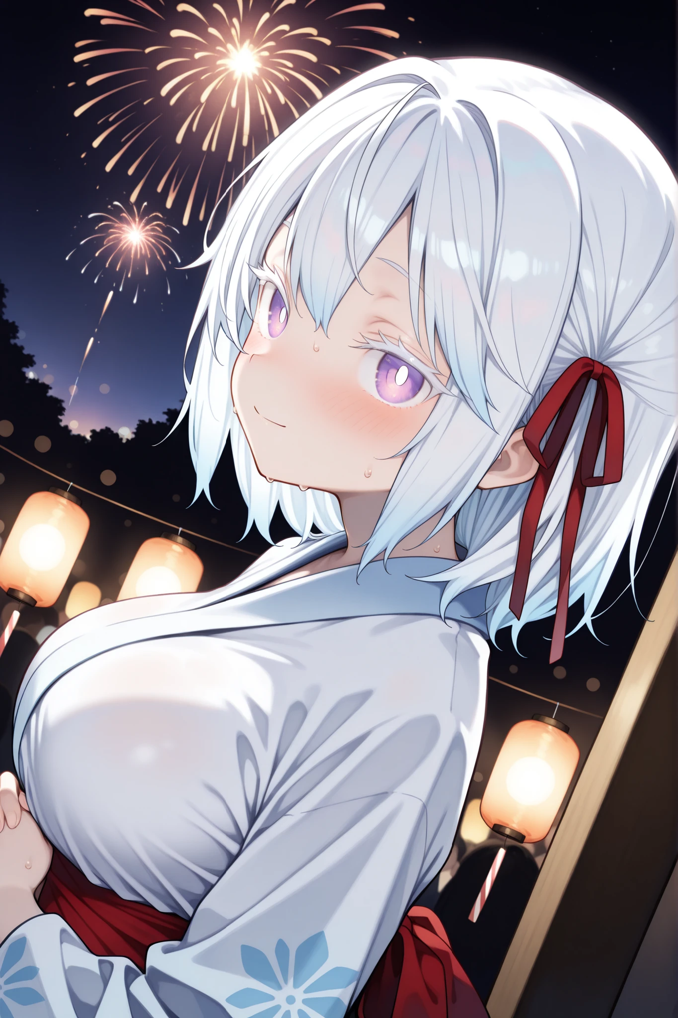 night festival, crowded summer festival, festival stalls, glowing lanterns, blurred crowd, fireworks in the distance, depth of field, bokeh, dutch angle, upper body, from side, (solo, 1girl, purple eyes, yuki onna, white hair, medium hair, habitual hair, hair ribbon, red ribbon), large breasts, petite, white kimono, ribbon sash, standing still, looking up at fireworks, hands clasped in front, slightly tilted head, gentle smile, yukata, glowing sky, soft lighting from fireworks, sweat, cute face, (((white pupils))), ((white eyelashes, lower eyelashes)), blush