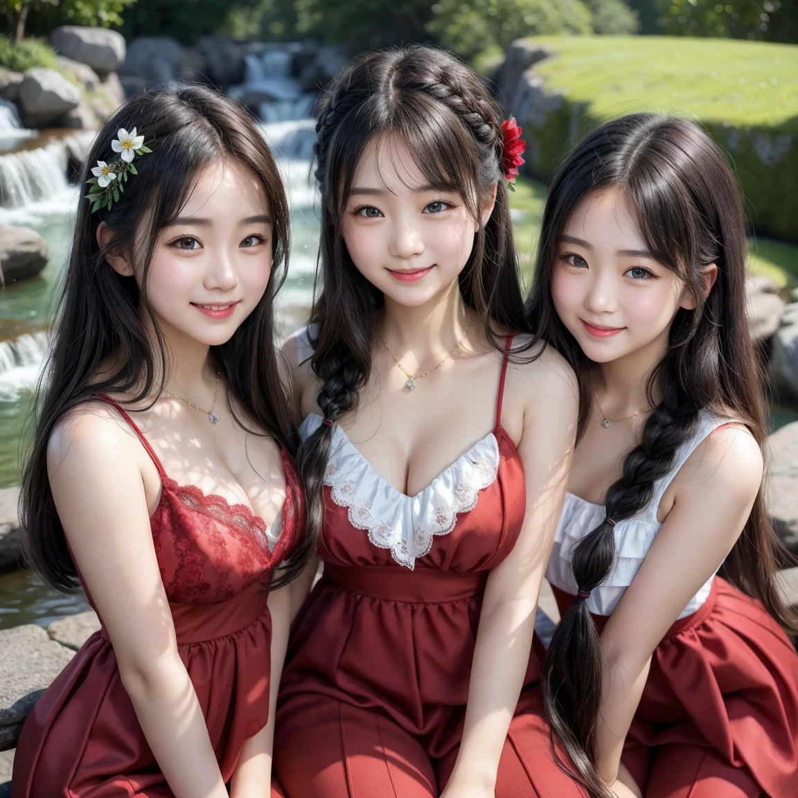 ( 3 girls)Masterpiece, Highest quality, 8ก, Young and beautiful girl with a youthful face、big breasts、((((((10 years old)))))),((big breasts:1.1)), photography, Cute face, thigh,、smile, detailed face,Flower Hair Ornaments、 Sitting on a rock in a lotus pond, braided hair、big breasts、rift、Tight waist,((red strapless dress))Jeans shorts、