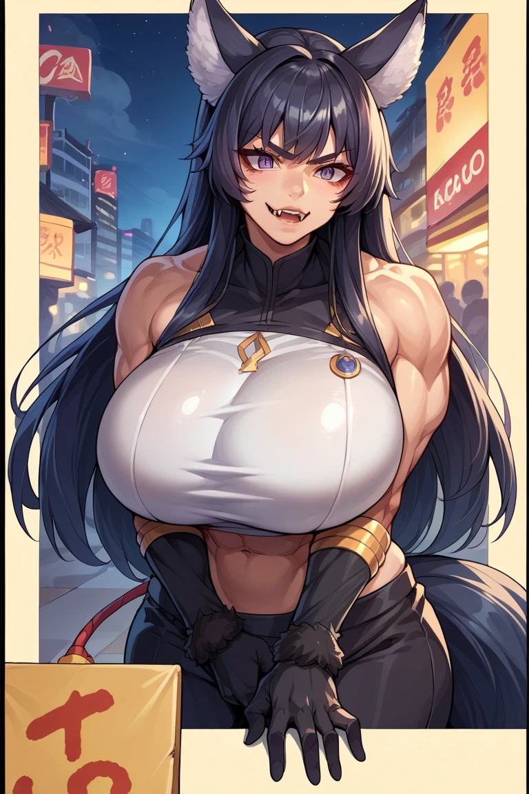 By bebebebebe, by lostgoose, by goonie-san, female, ((reptile snout, hair covering eyes, straight hair, long hair, flat hair, thin snout)), snake anthro, huge breasts, tall, muscular, abs,black micro bikini, blackjacket, ragged jeans, exposed chest, smiling, menacing smile,fangs,back alley, dim ligth, scars on abs,Orange scales, nigth, close to viewer, chain necklace