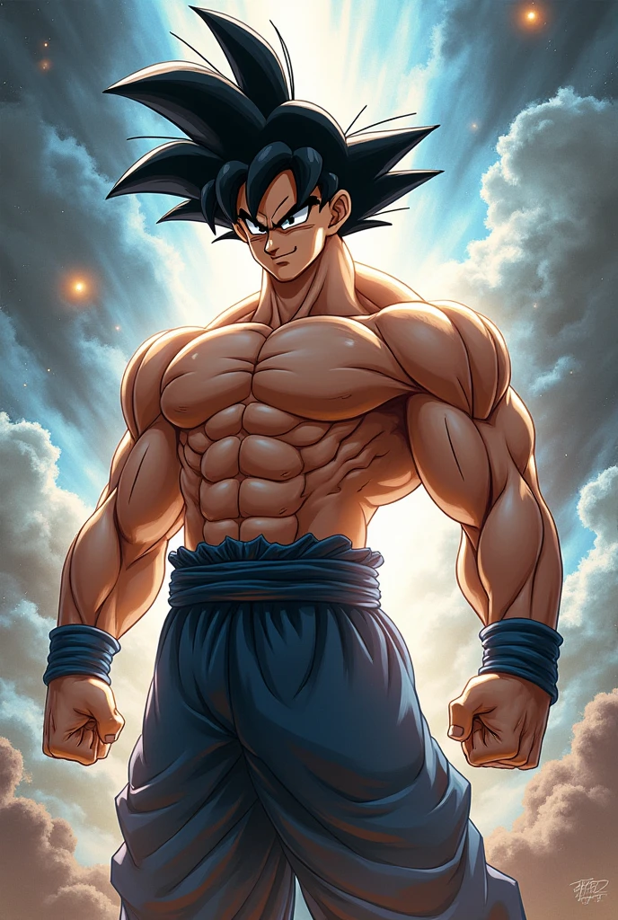Draw Son Goku in a Dragon Ball cartoon style in a glossy tight wrestling outfit