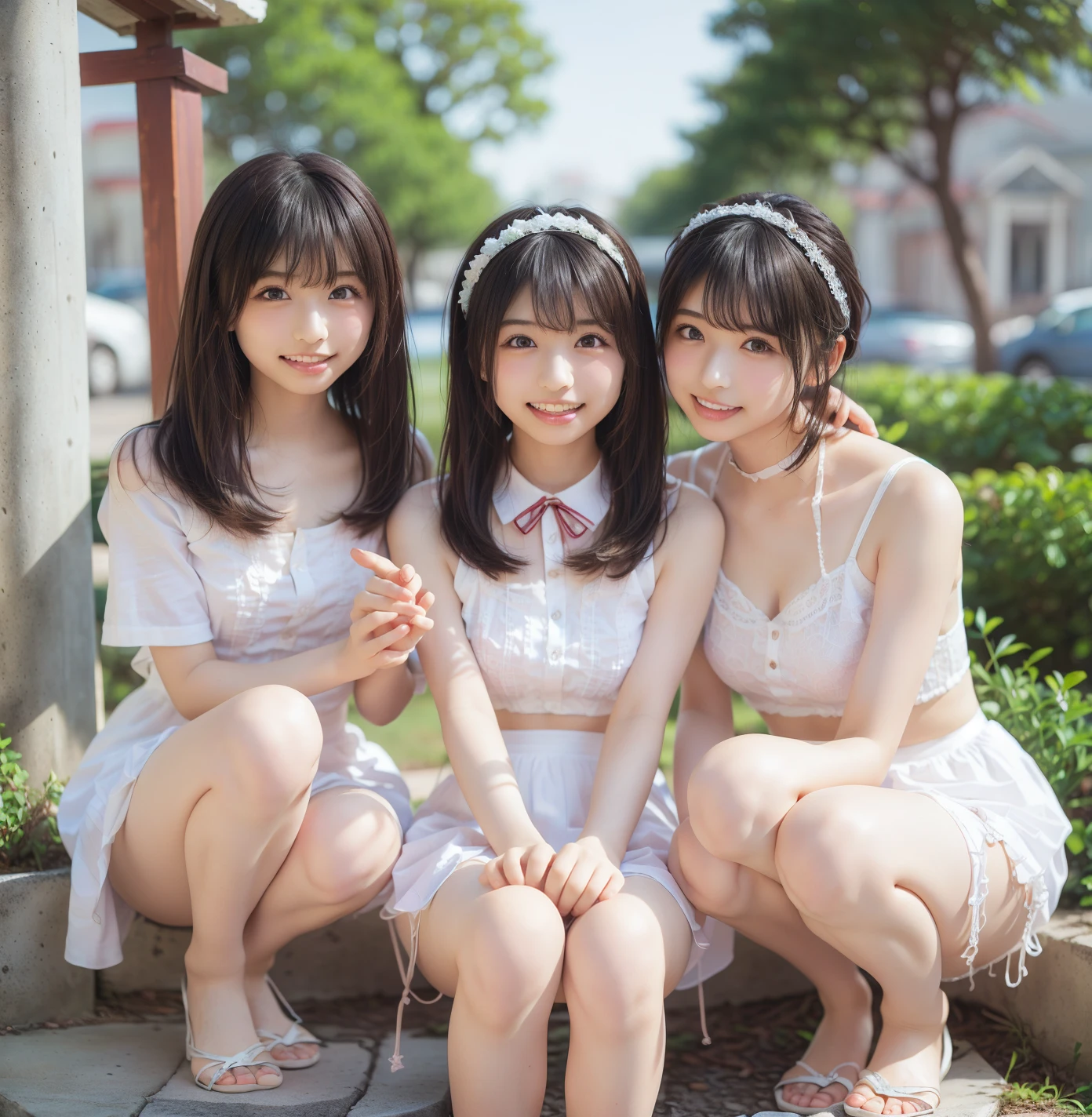Three happy girls were sitting on the stone steps, Take a full body photo、Laughing happily、She was wearing a white blouse, Vans Sneakers, Red checked skirt、White sneakers, Black Hair, detached houses, Flowers,Happy girl with round face, Big eyes, Long eyelashes, Full-body display、Detailed Private Parts、Hairless、Detailed female genitalia、Spread your legs、From directly below、Spread your legake sure your pussy is clearly visible