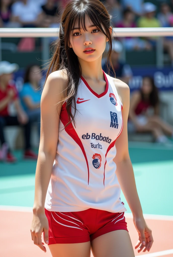 Marian Rivera, full body, (masterpiece:1.2, best quality), realistic, (real picture, intricate details, depth of field), (1girl, solo), make up, parted lips, highly-detailed, perfect face, (huge breasts:1.3), (skindentation), thick thighs, wide hips, small waist, tall, glossy coral lips, red hairs, red eyes, (A girl playing volleyball, red volleyball uniform), (sweating:1.2), (wet), sexy, blushing, serve pose, naughty, shy smile