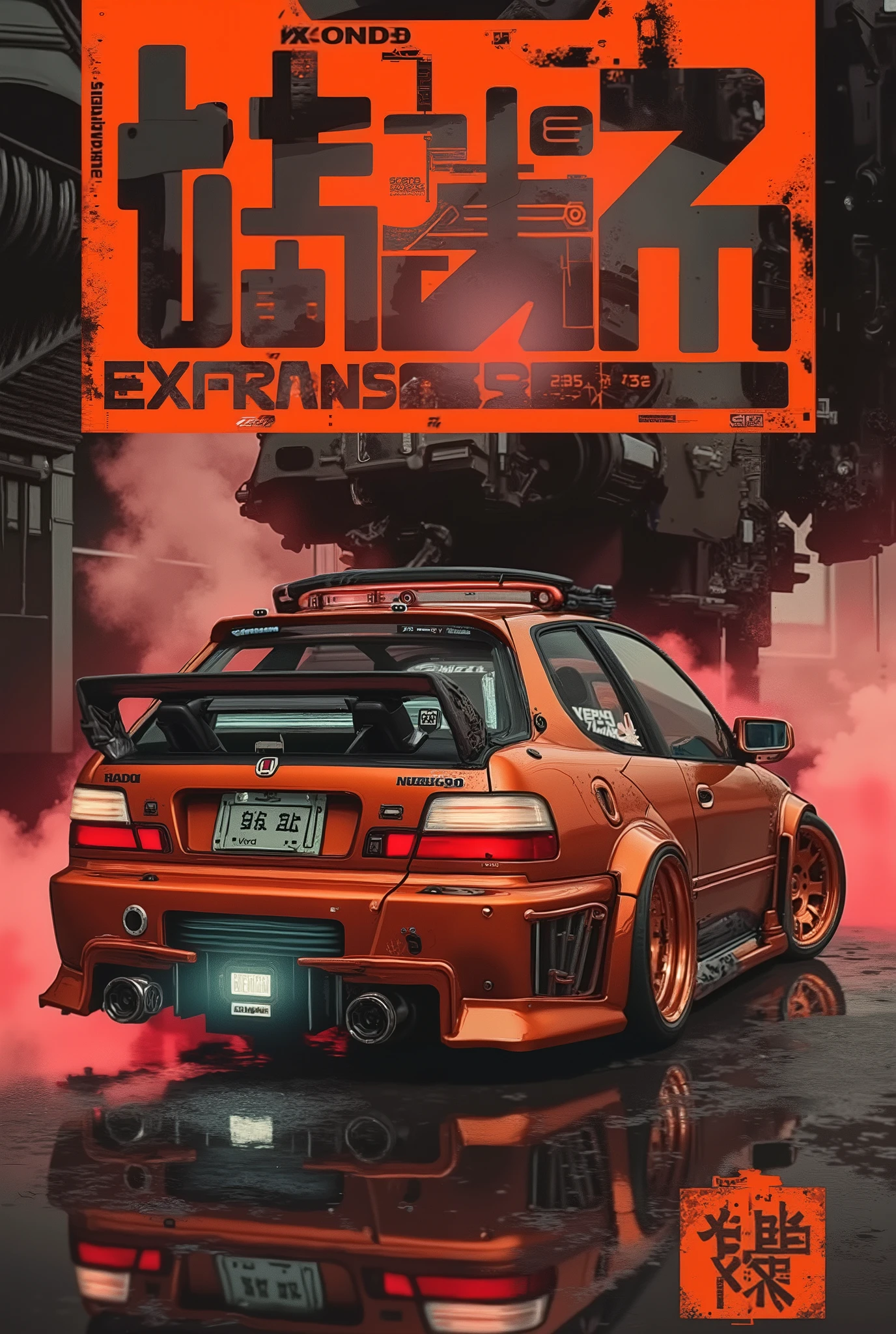 A poster in the style of a Japanese manga with bright large fonts and graphics, a futuristic, highly detailed automotive illustration in the corporate style of Stepan Maksimov, which depicts an exclusive sporty, precise and detailed tuned Honda Civic coupe built in 1998. On a low suspension. Sparkling.  Heavy. The wheels are turned outwards. The tires are wide. The windows are tinted.  The car is characterized by dynamism and aggressiveness, which is emphasized by aerodynamic changes, including splitters, diffusers and a large rear wing. The textures are highly detailed and combine metallic, durable and industrial surfaces. The color scheme includes smooth copper, matte burgundy and dark gray, as well as a bright orange palette with accents and glowing LED elements that give the car a sci-fi aesthetic. The environment creates an immersive effect, combining an atmospheric crimson-red and jet-black background with barely noticeable fog, dust or urban reflections, which enhances the recognition of the car. Spectacular lighting with soft glare, neon glow and complex shadow play highlights contours and mechanical details. The composition is well balanced, the three-quarter or side view creates a cinematic and visually striking effect, making the car model look powerful and otherworldly.