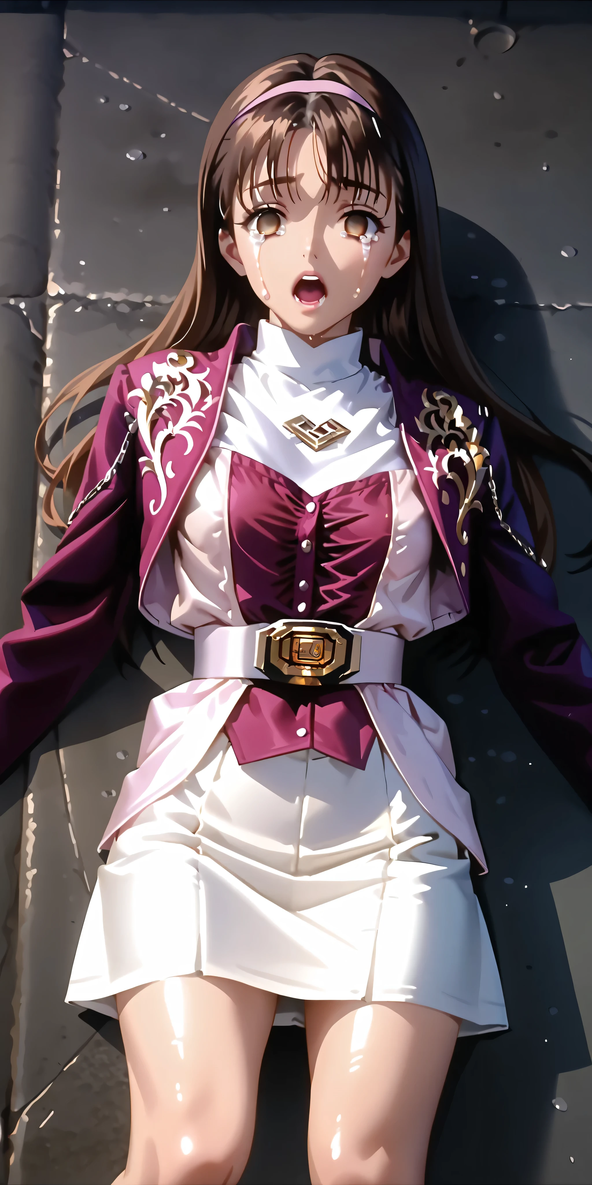 (High definition CG), (top quality), ((direct point of view)),in a dark prison,lies on the ground on her back,one woman,perfect face, wide hips, thin waist, ,purple bolero jacket,((white skirt)),long sleeve, Pink Belt, straight and long hair , brown hair, ((( empty eyes ))),is crying,and my mouth is open,Spread your legs,