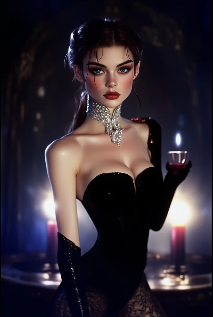 Dove Gira Lady of the Night, brunette skin, long black hair, long black dress,wide brim hat, wearing women's long gloves,eyes browns, slightly pulled,according to a cigarette,wearing gold and silver jewelry,elegant and fine, local, a cabaret,