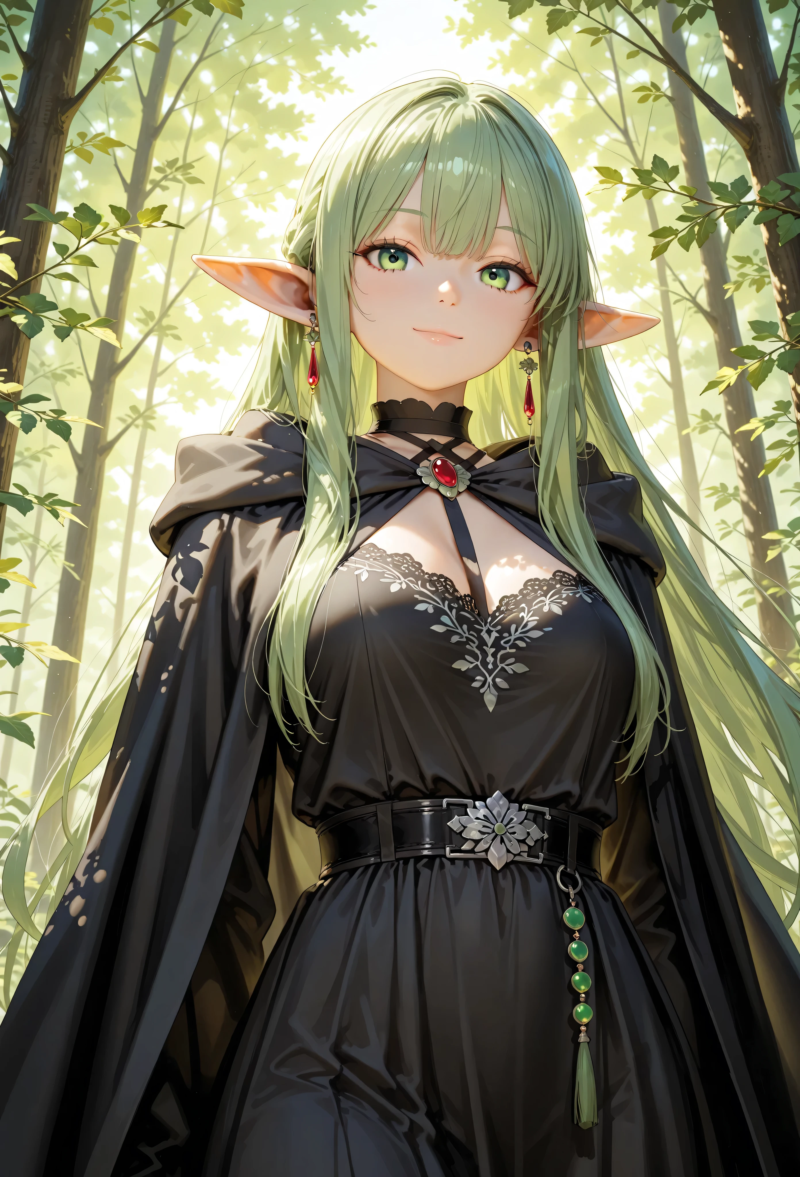 masterpiece, best quality, 1woman, adult, female focus, solo, light green hair, vibrant green eyes, looking at viewer, closed mouth, bangs, Fantasy aesthetics, Highly detailed, shadowverse style, elf ear, white dress